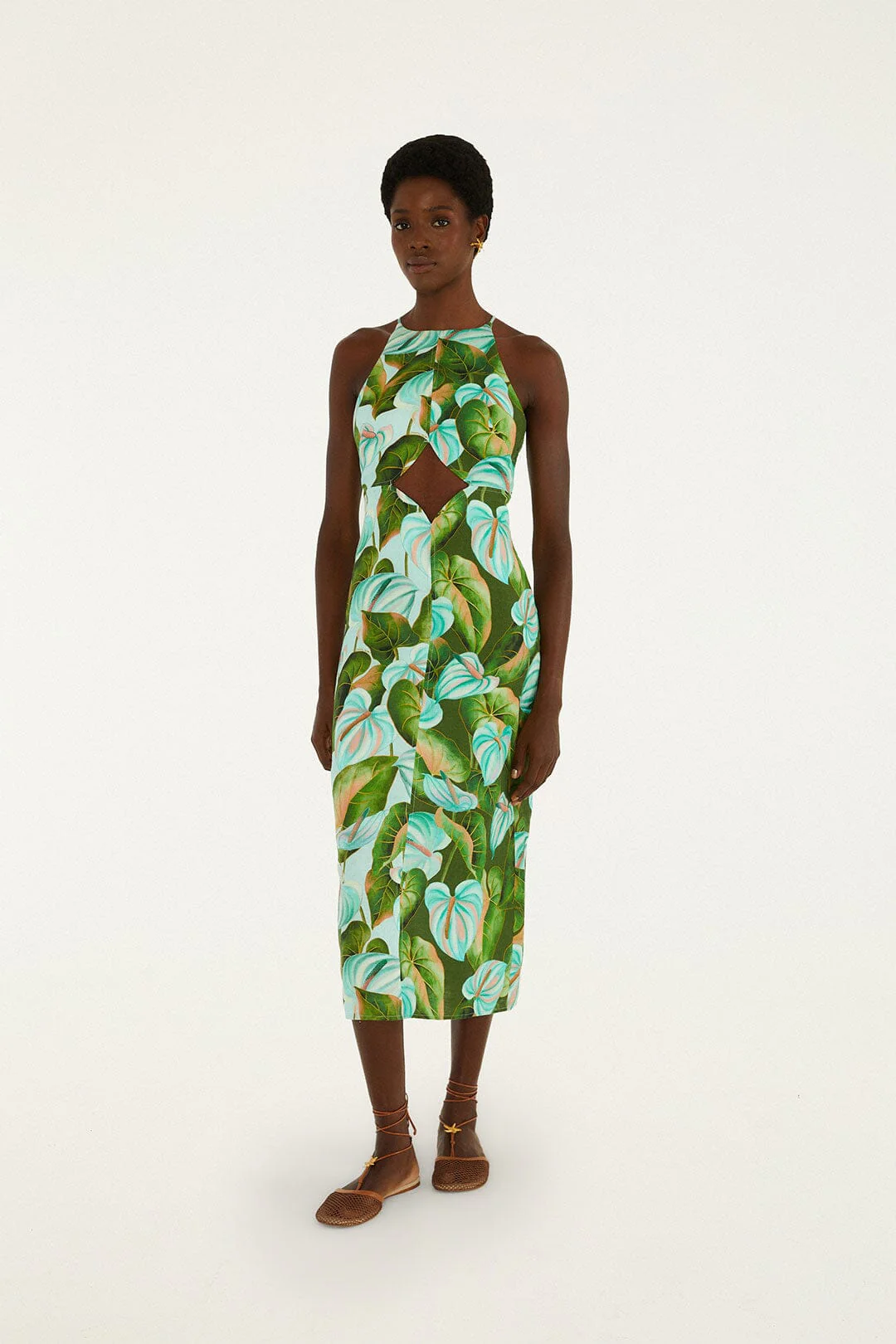 Green Anthurium Leaves Cut-Out Euroflax™ Premium Linen Midi Dress