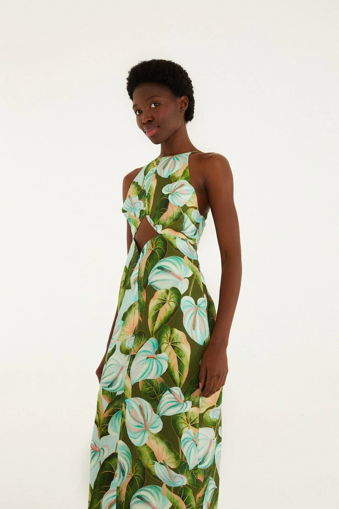 Green Anthurium Leaves Cut-Out Euroflax™ Premium Linen Midi Dress - Image 2