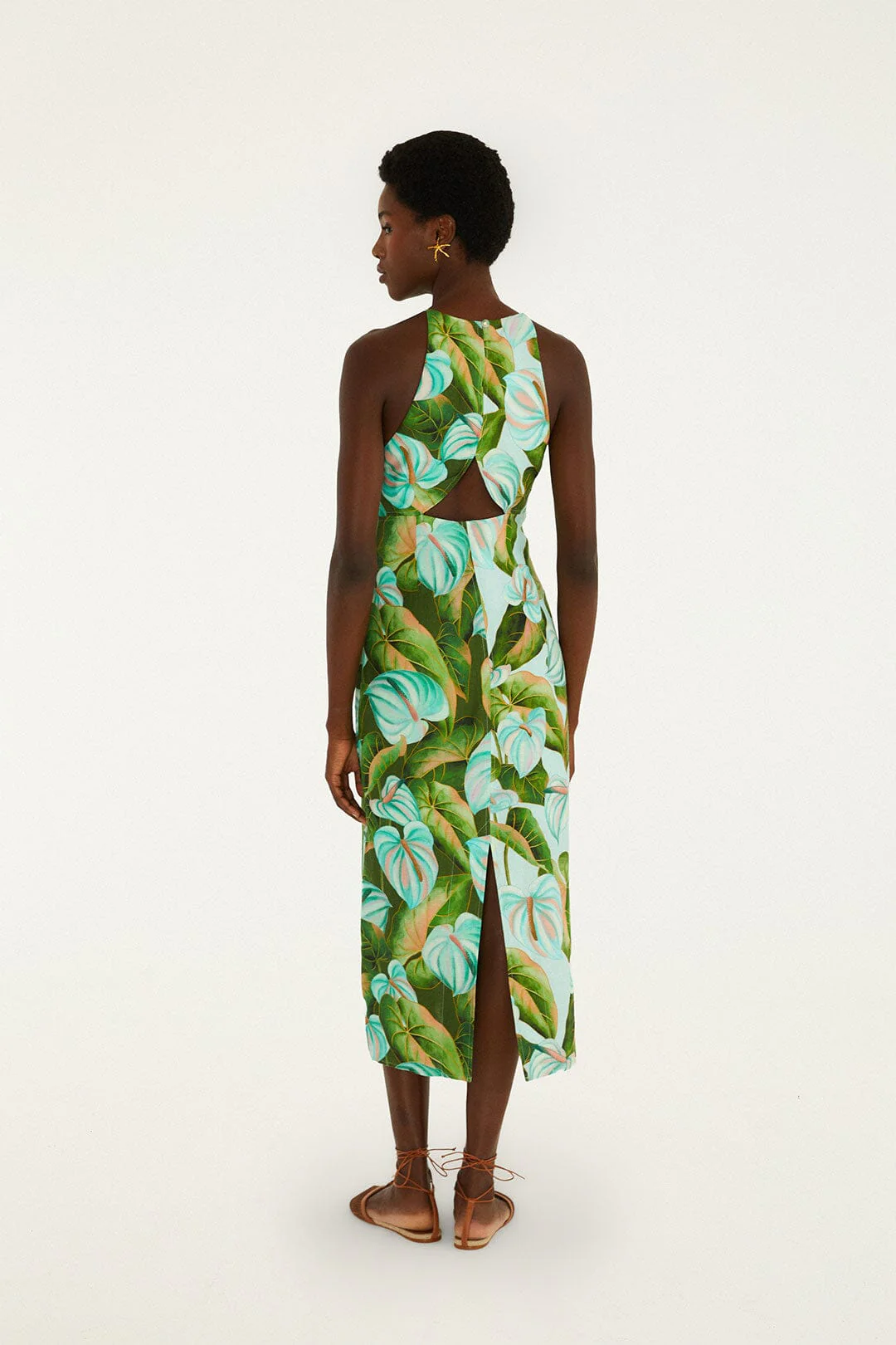 Green Anthurium Leaves Cut-Out Euroflax™ Premium Linen Midi Dress - Image 4