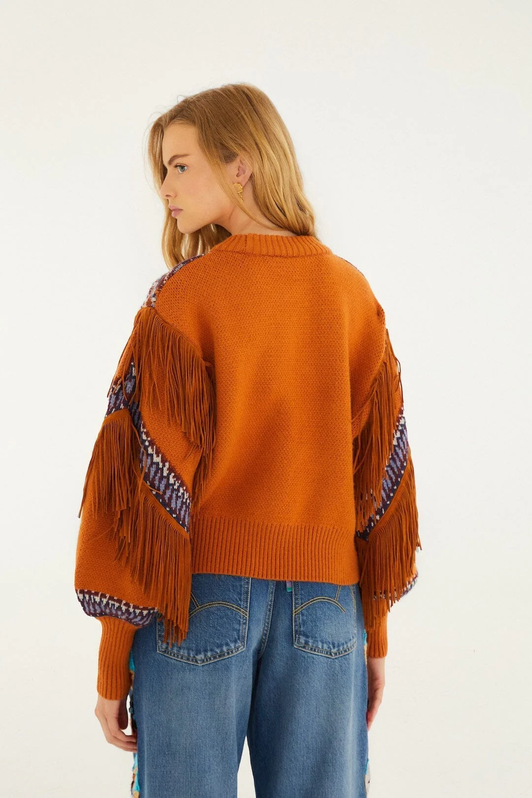 Brown Arabesque Scarf Fringe Cuffed Knit Sweater - Image 3