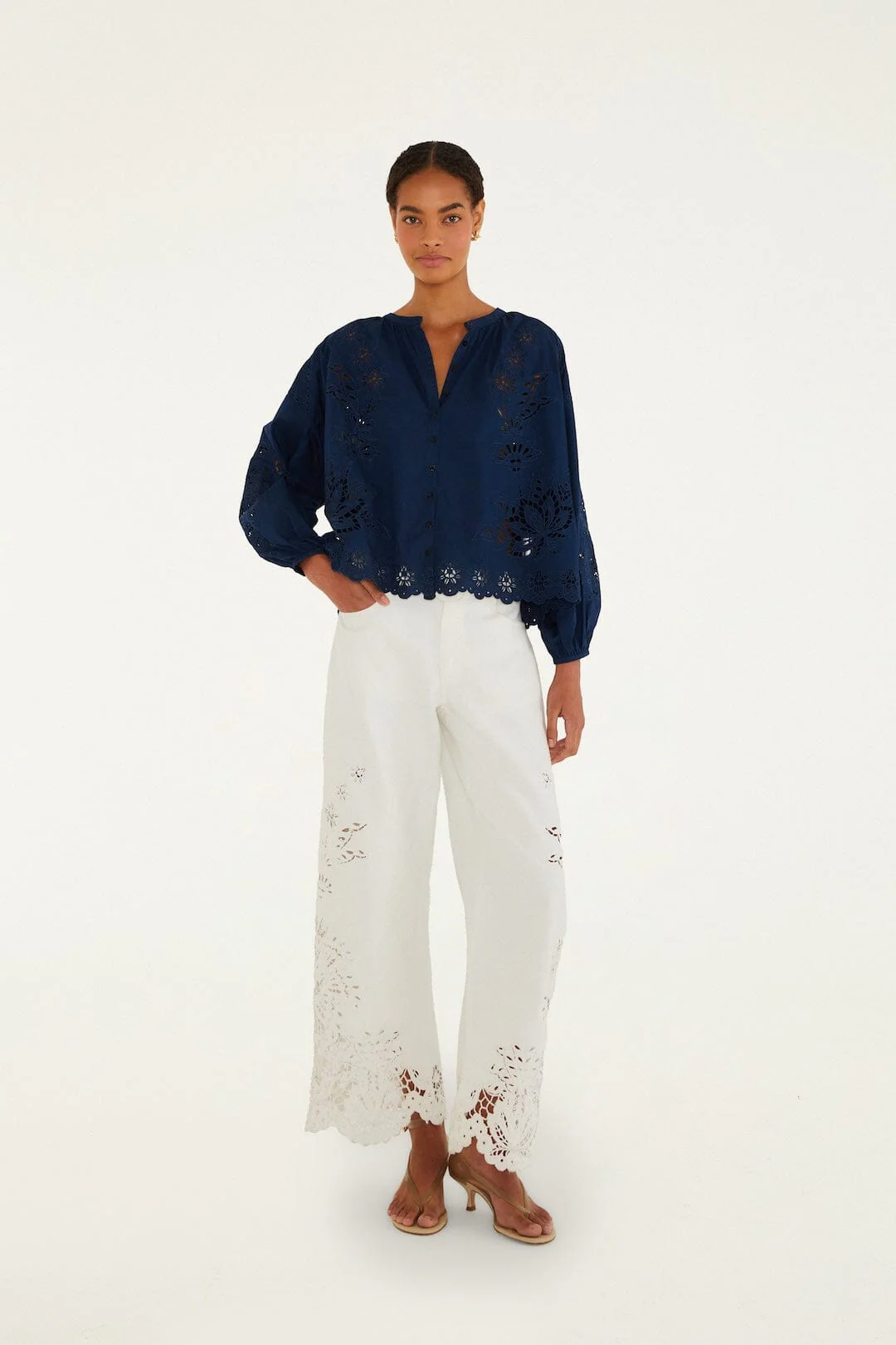 Navy Blue Artisanal Long Sleeve Blouse - Image 4