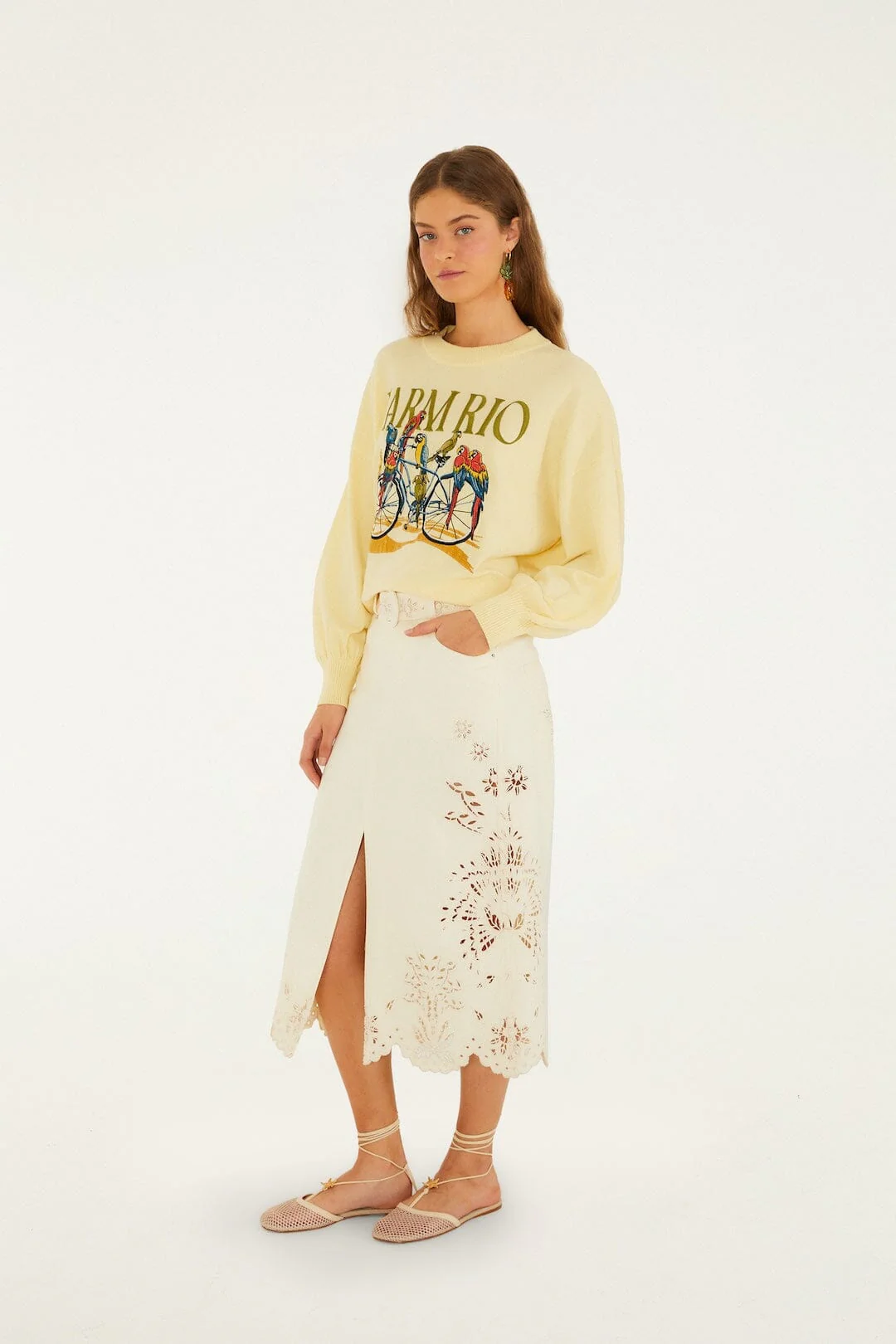Beige Geometric Richelieu Twill Midi Skirt - Image 5