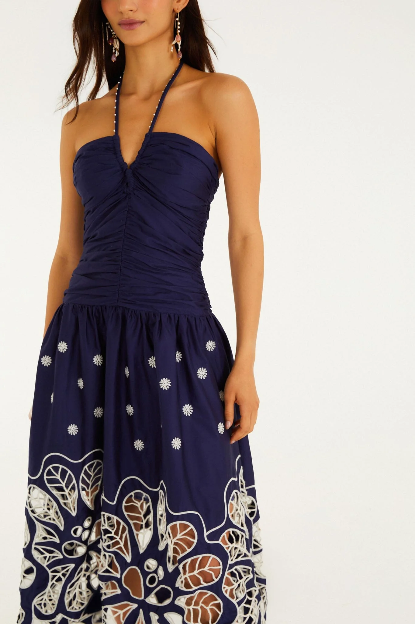 Navy Blue Embroidered Richelieu Midi Dress - Image 5