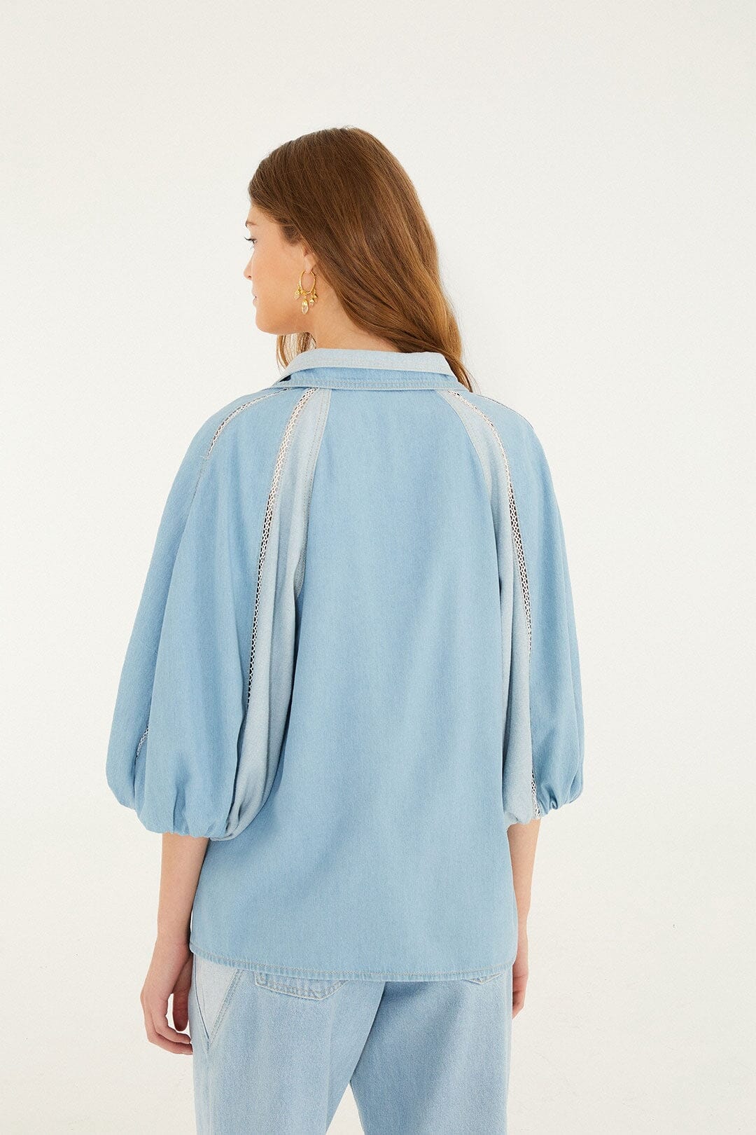 Denim Bicolor Puff Sleeve Shirt - Image 3
