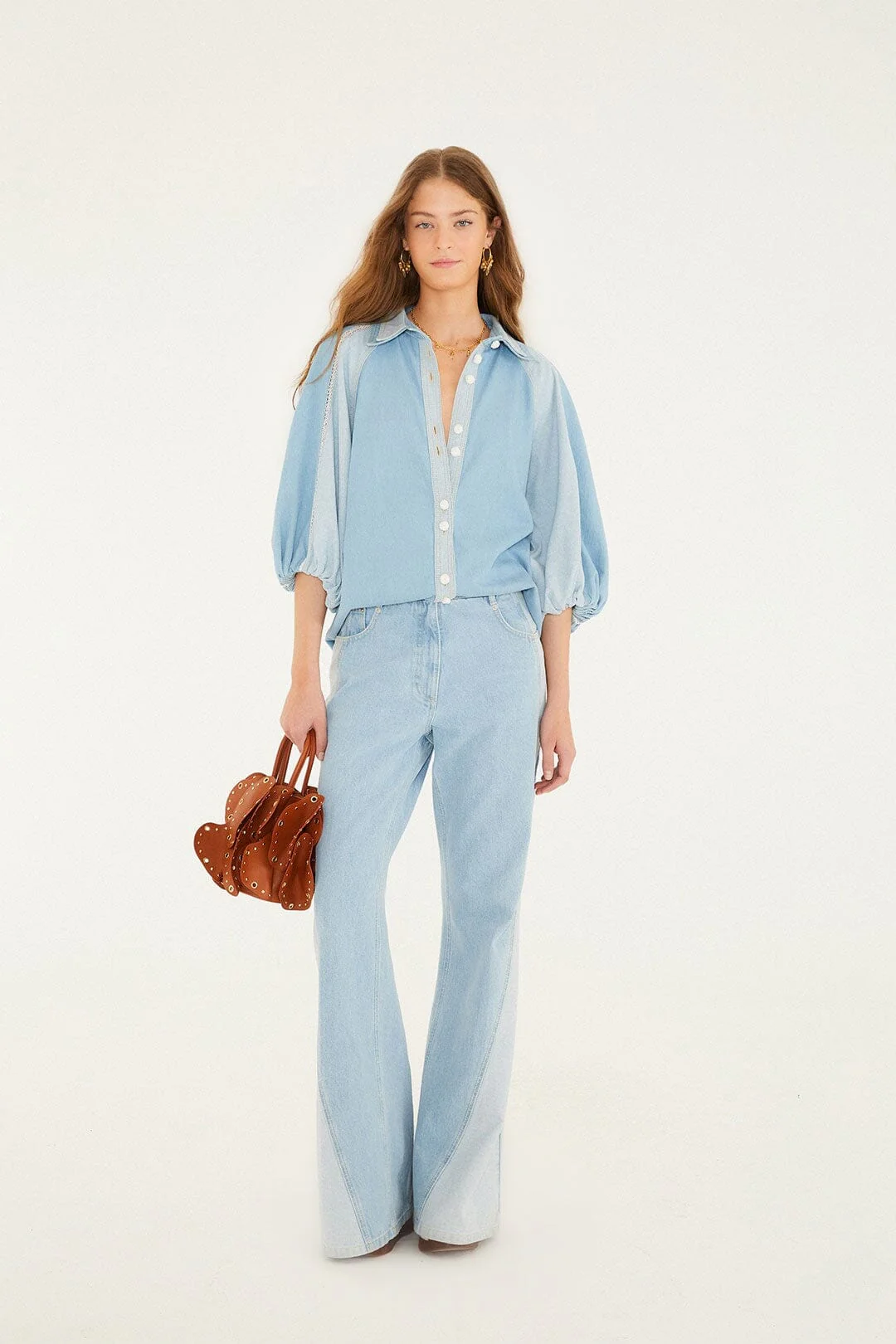 Denim Bicolor Puff Sleeve Shirt - Image 4