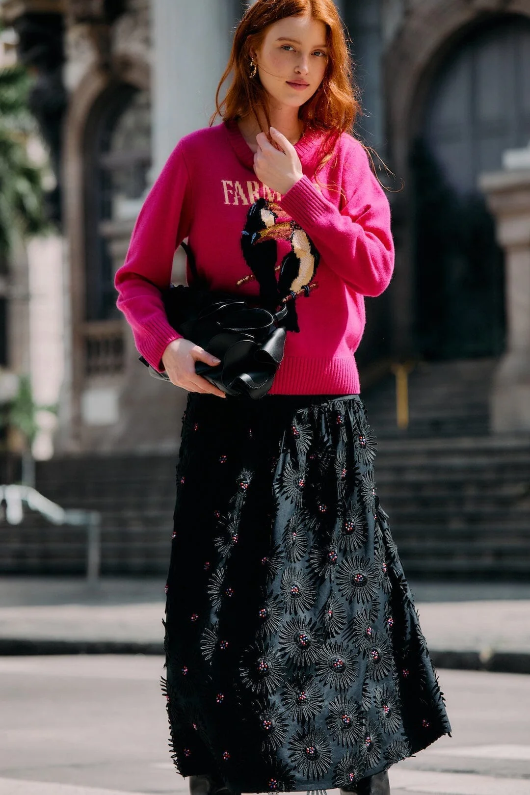 Black 3d Flowers Embroidered Midi Skirt - Image 3