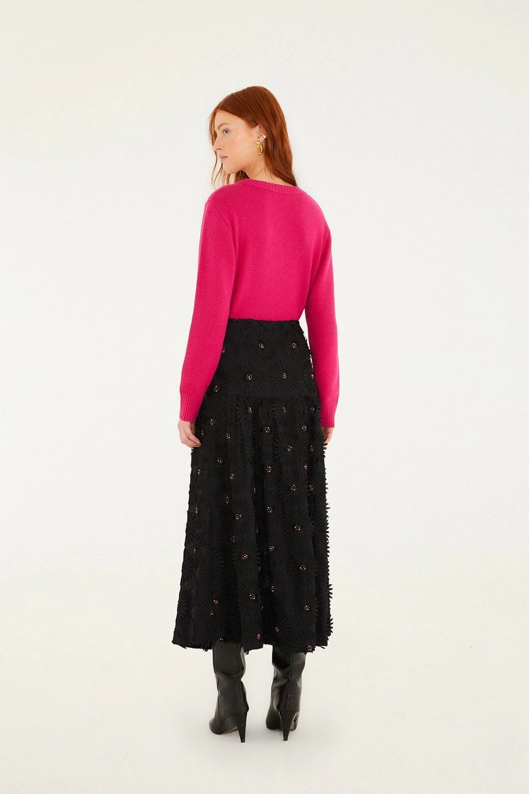 Black 3d Flowers Embroidered Midi Skirt - Image 4