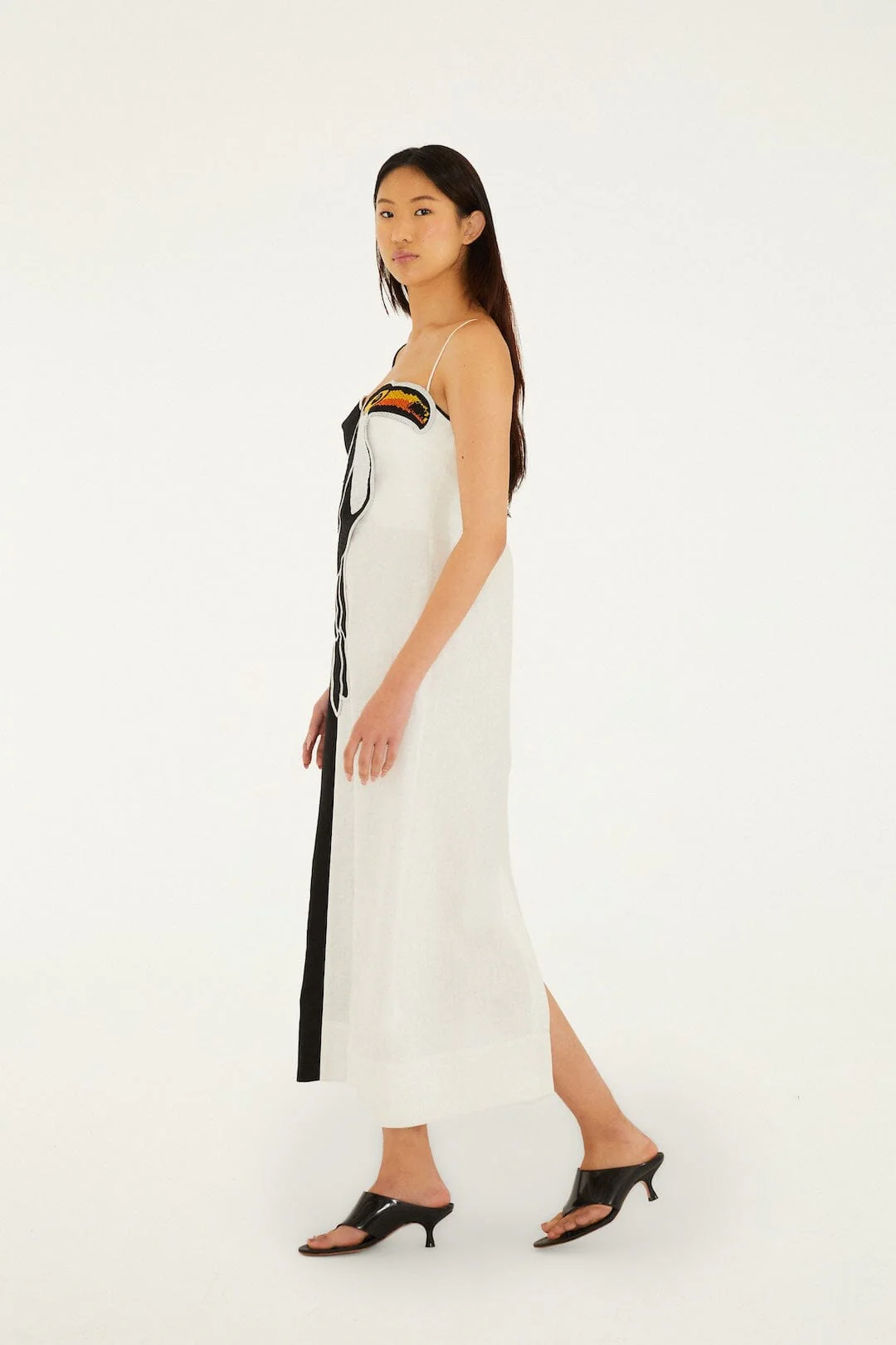 Black And White Embroidered Toucan Euroflax™ Premium Linen Sleeveless Maxi Dress - Image 4