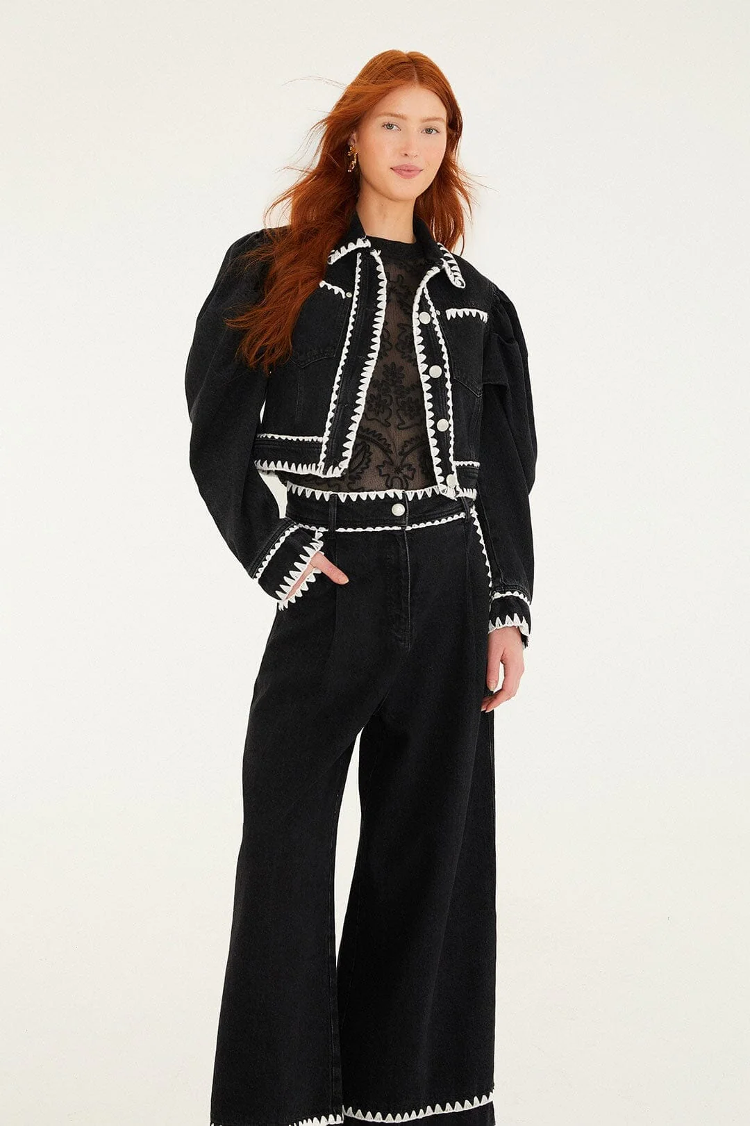 Black Crochet Embroidery Wide-Leg Denim Pants - Image 4