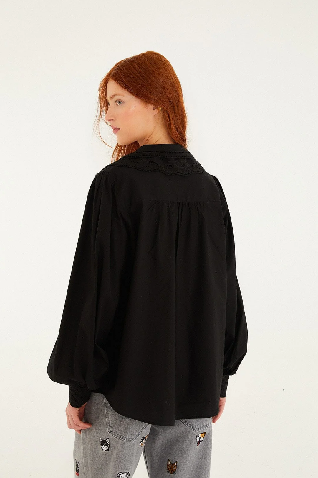 Black Embroidered Buttoned Puff Sleeve Shirt - Image 3