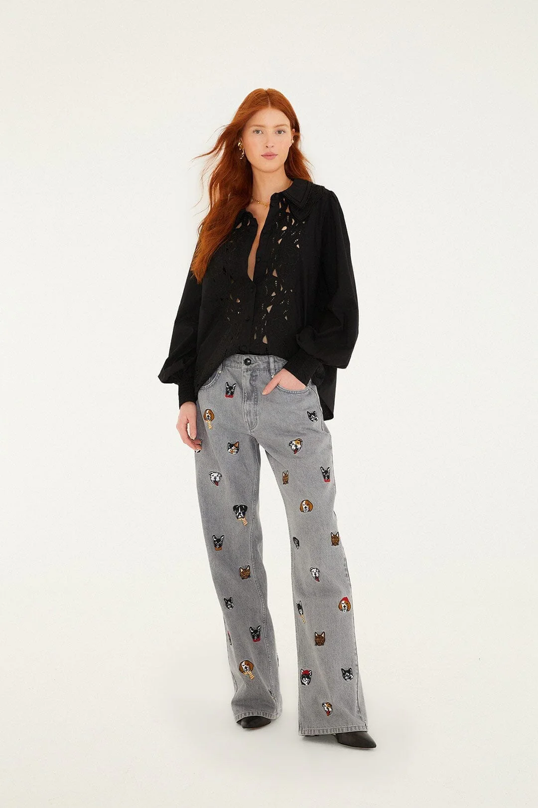 Black Embroidered Buttoned Puff Sleeve Shirt - Image 4