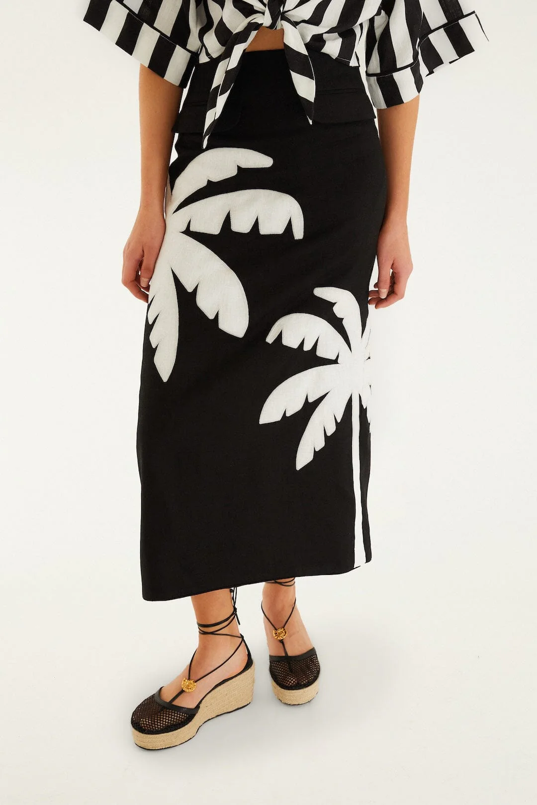 Black Embroidered Palm Tree Euroflax™ Premium Linen Maxi Skirt - Image 2