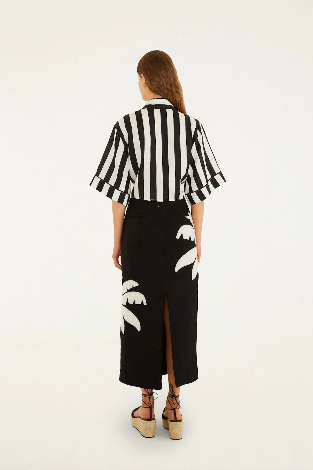 Black Embroidered Palm Tree Euroflax™ Premium Linen Maxi Skirt - Image 3