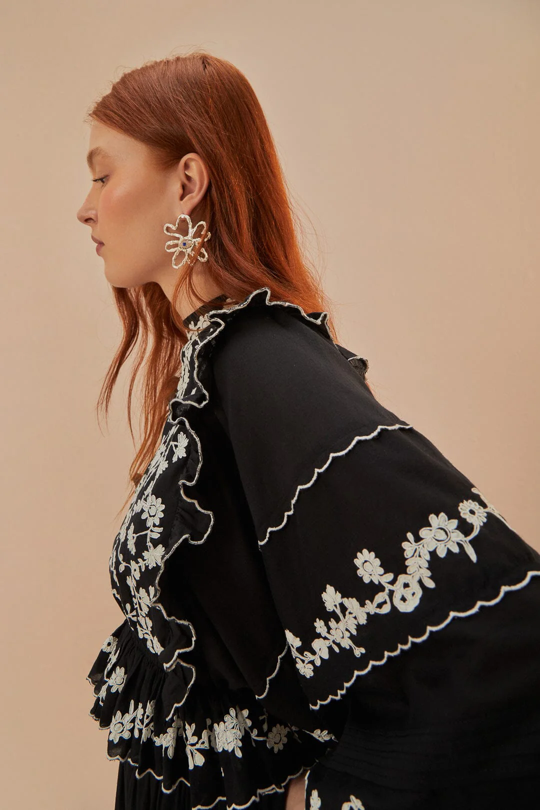 Black Embroidered Ruffle Longe Sleeve Blouse - Image 3