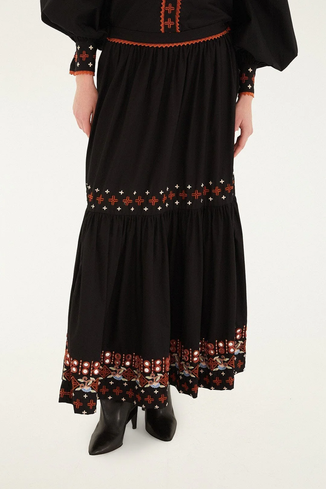 Black Embroidered Tiered Maxi Skirt - Image 2