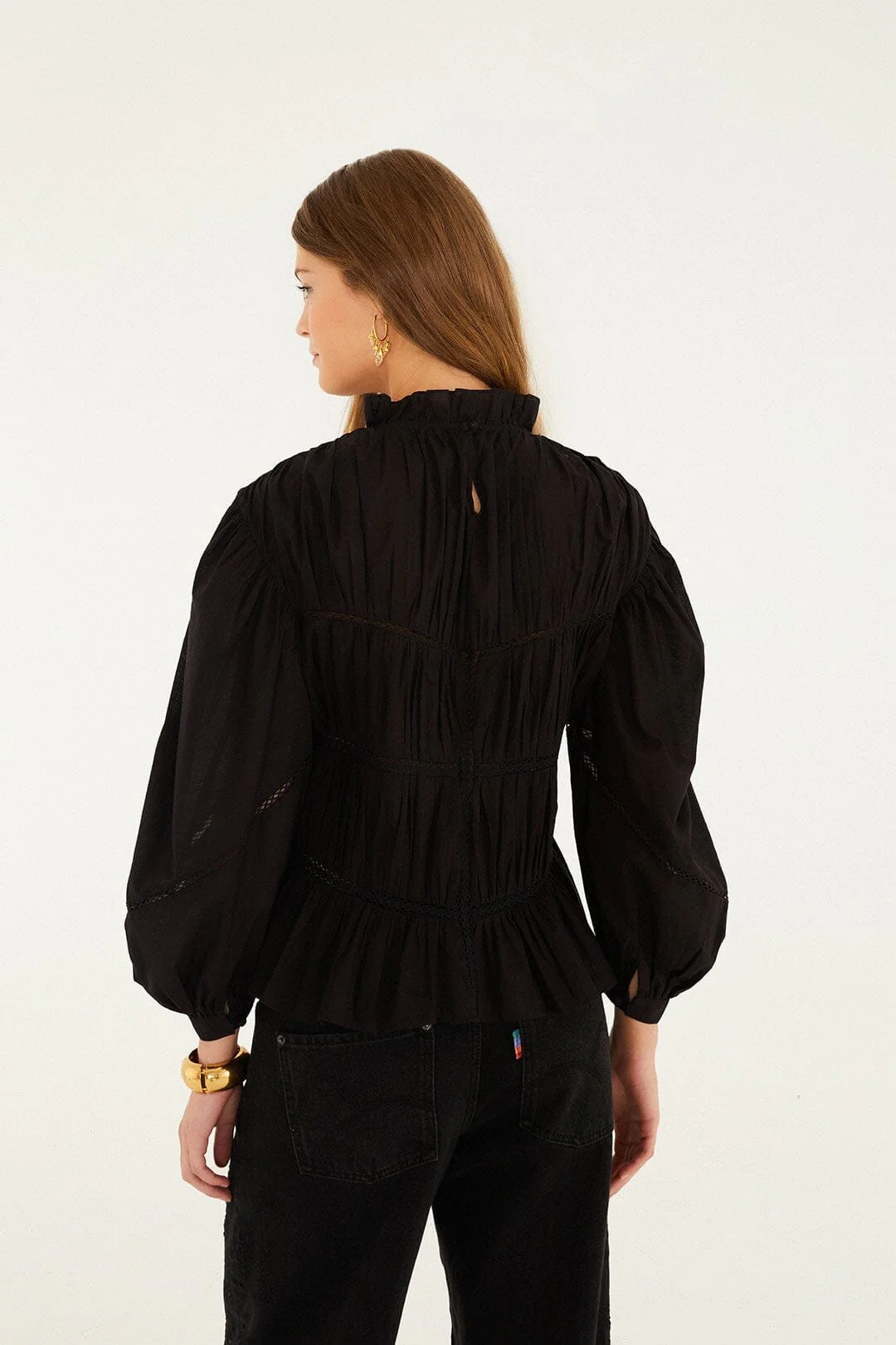 Black Lace Puff Sleeve Blouse - Image 3
