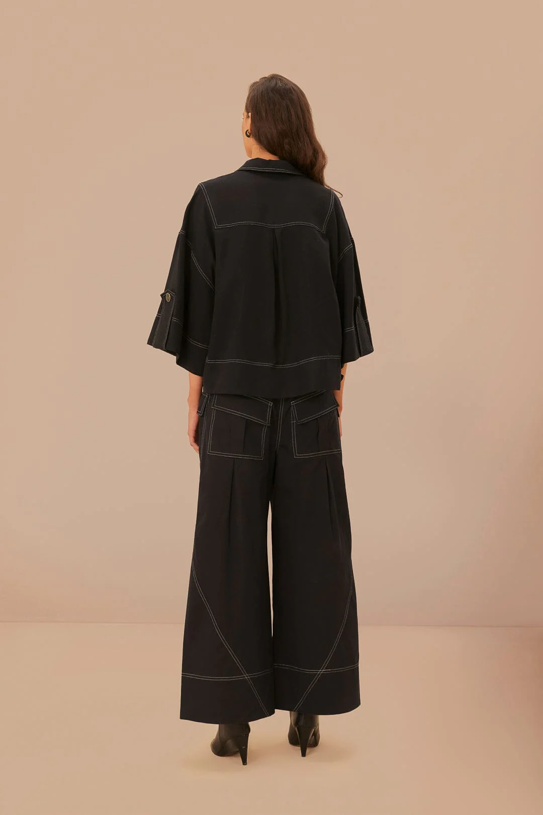 Black Low Waisted Topstiched Pants - Image 3