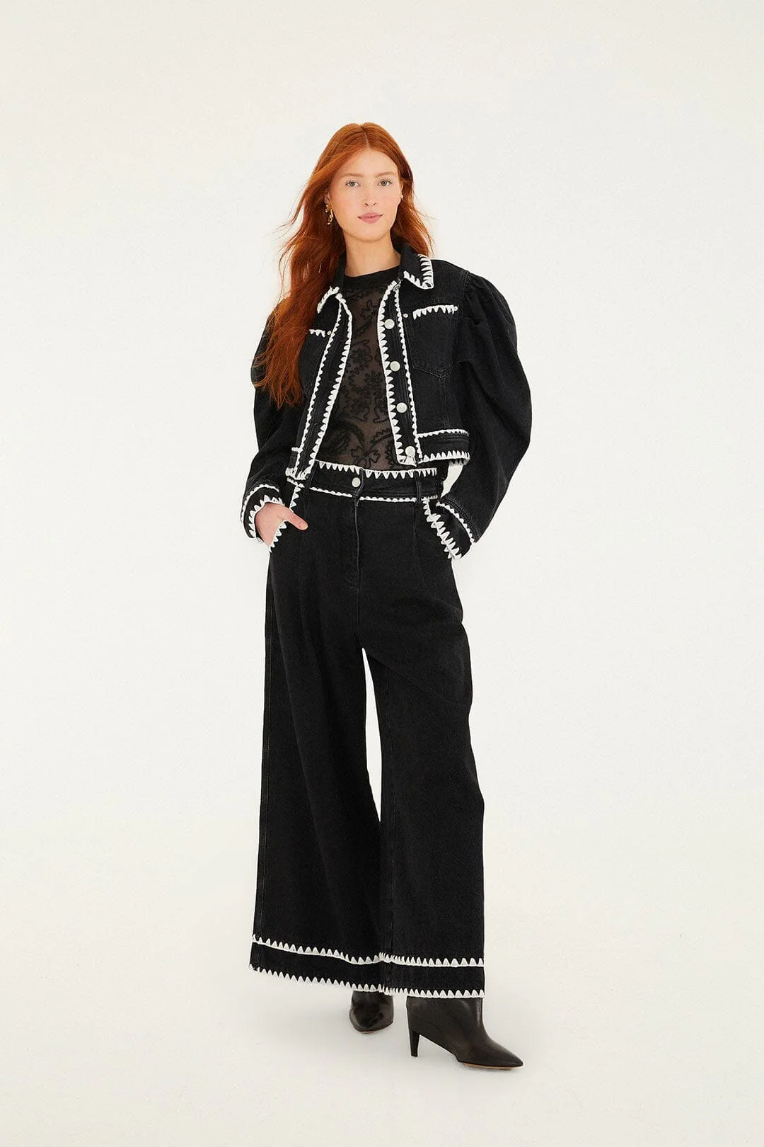 Black Romantic Crochet Embroidery Puff Sleeve Denim Jacket - Image 4