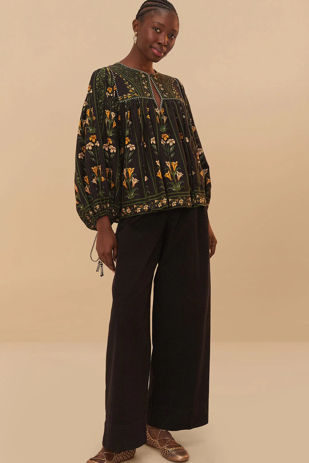 Black Twill Belted Wide Pants - Image 3