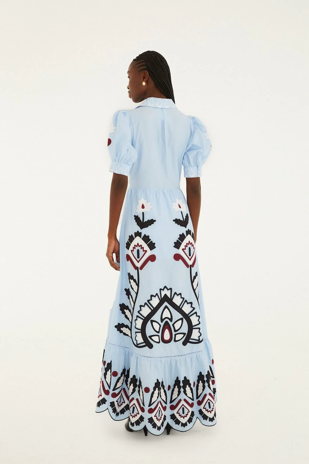 Blue Artisanal Embroidered Lace Front Bow Maxi Dress - Image 3