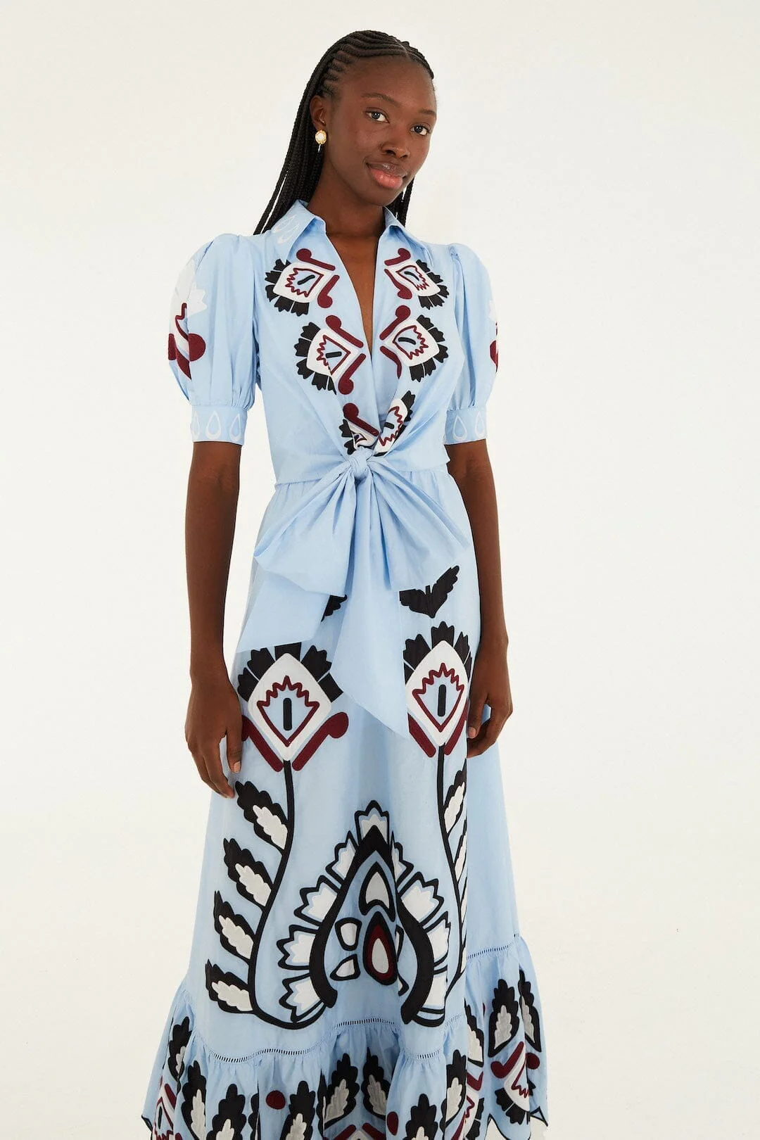 Blue Artisanal Embroidered Lace Front Bow Maxi Dress - Image 4