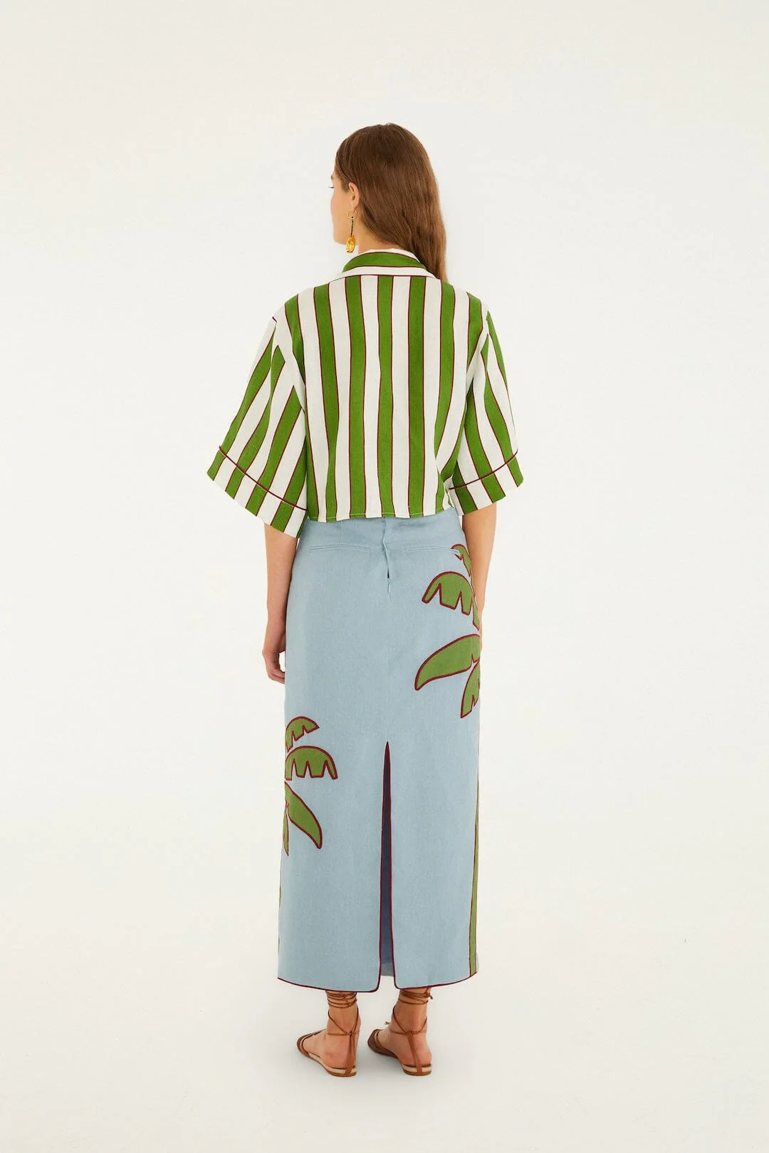 Blue Embroidered Palm Tree Euroflax™ Premium Linen Maxi Skirt - Image 3
