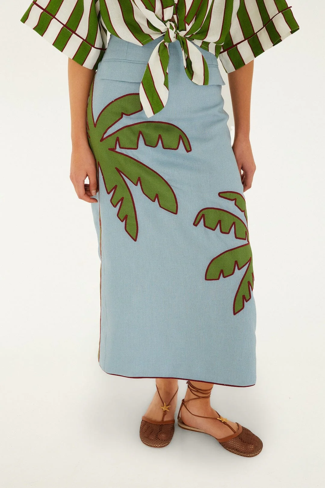 Blue Embroidered Palm Tree Euroflax™ Premium Linen Maxi Skirt - Image 4