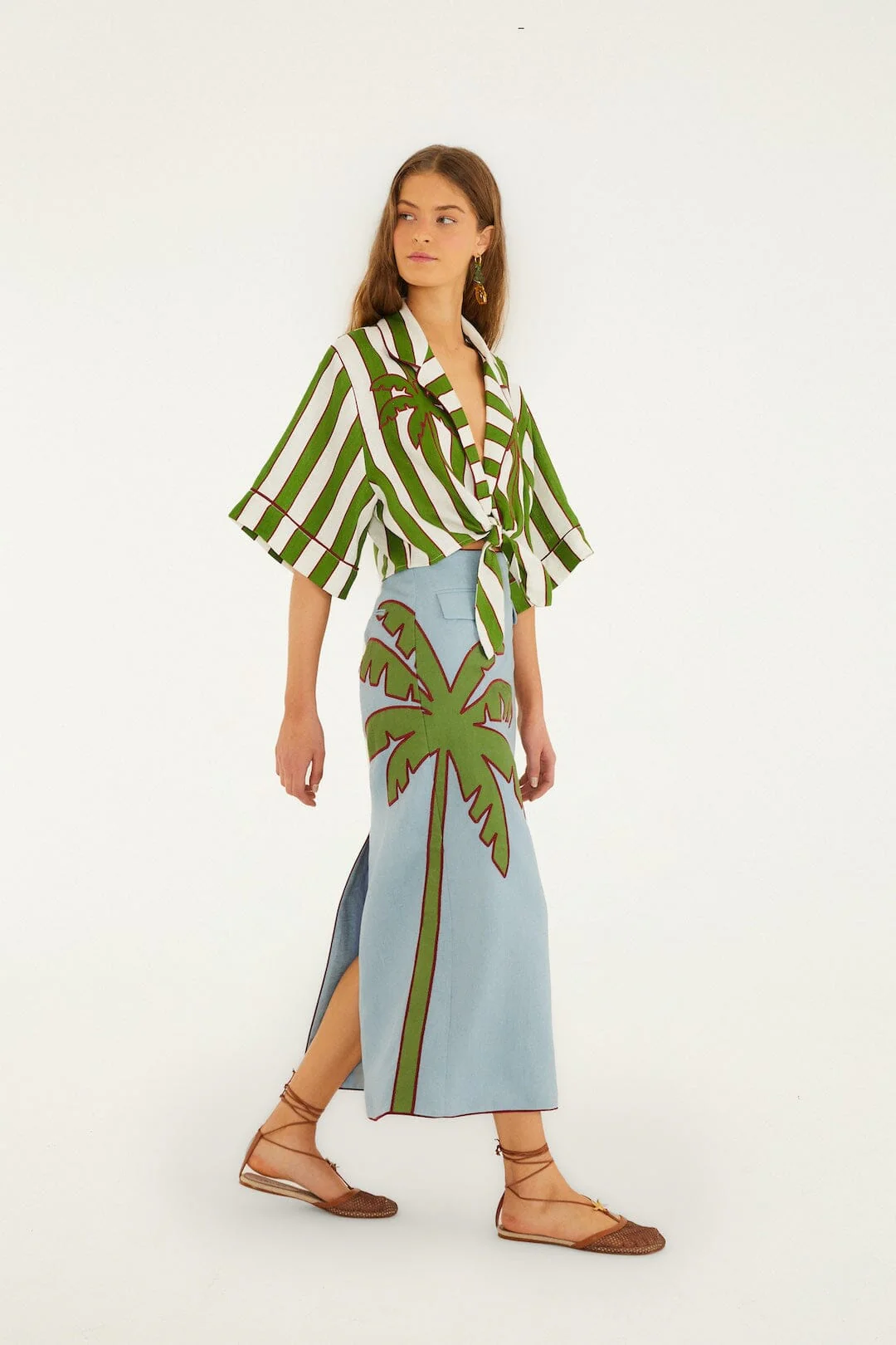 Blue Embroidered Palm Tree Euroflax™ Premium Linen Maxi Skirt - Image 6