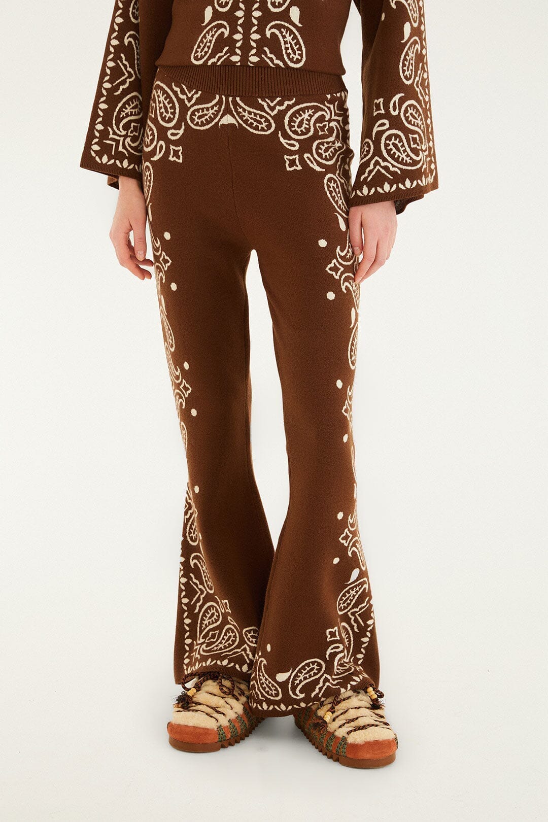 Brown Bohemian Paisley Flare Knit Pants - Image 2