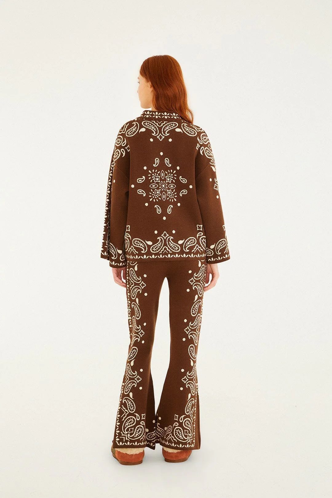 Brown Bohemian Paisley Flare Knit Pants - Image 4