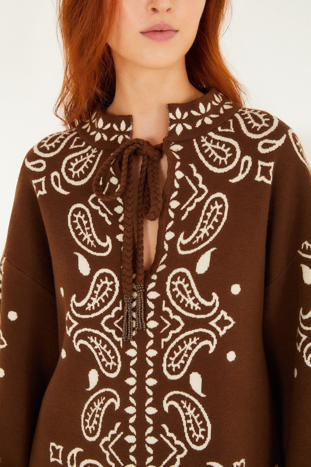 Brown Bohemian Paisley Beaded Rope Knit Sweater - Image 2