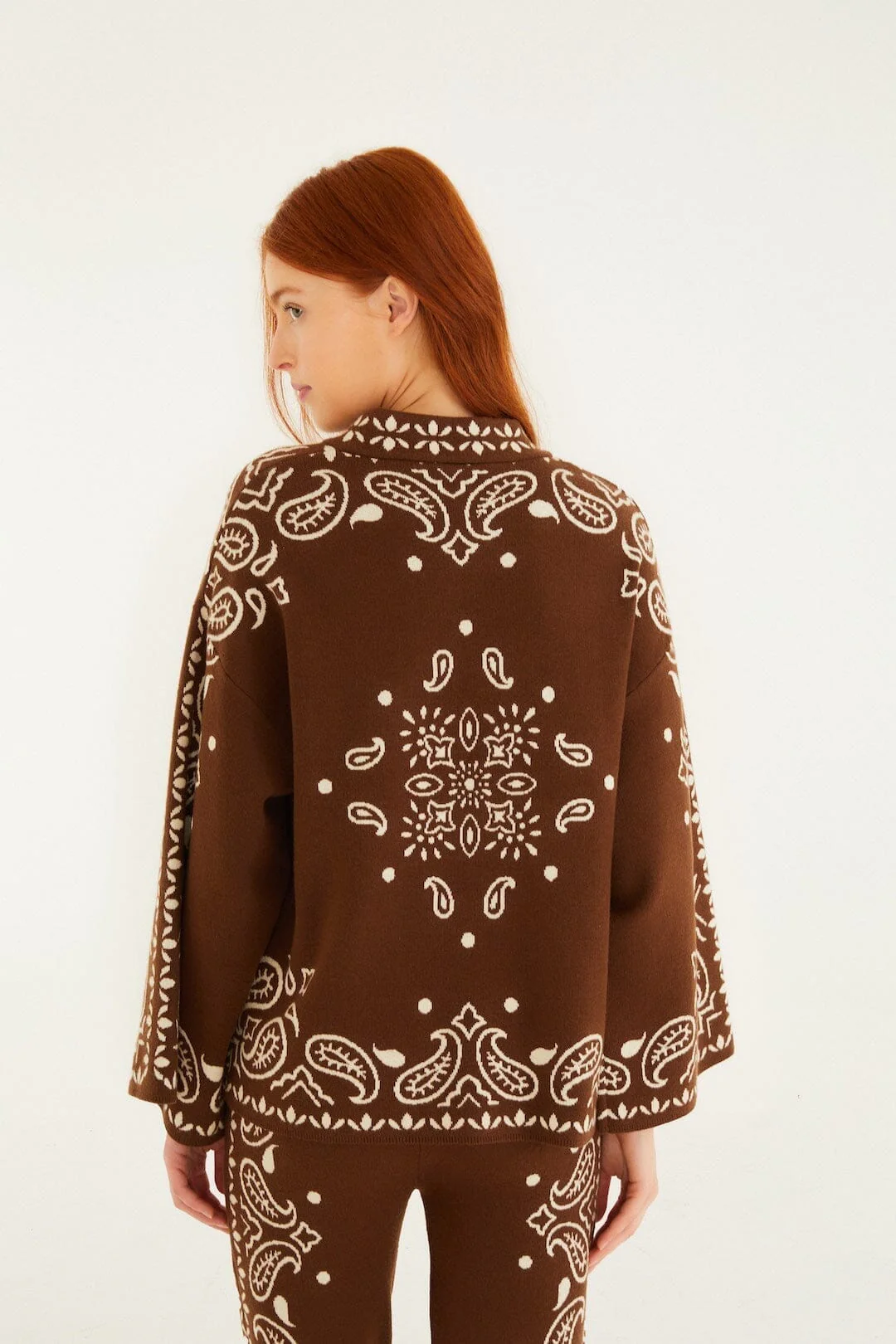 Brown Bohemian Paisley Beaded Rope Knit Sweater - Image 3