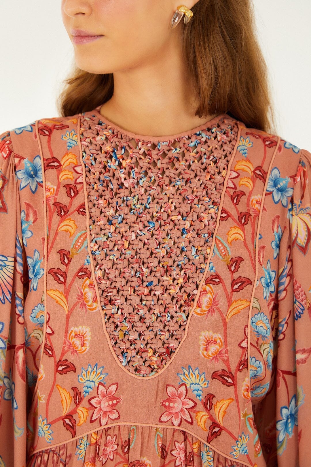 Mocha Boho Enhance Lace Long Sleeve Mini Dress - Image 2