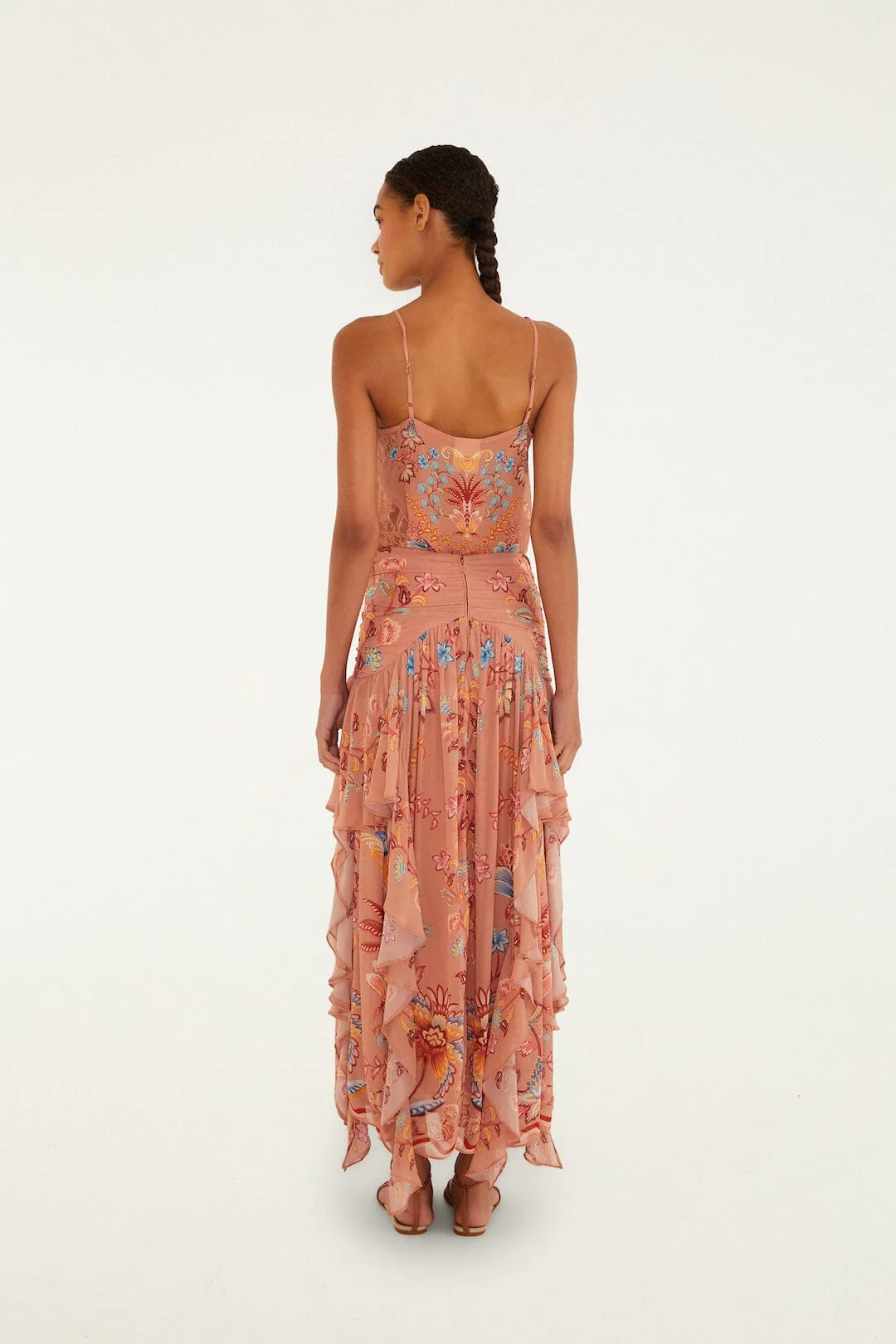 Mocha Boho Enhance Ruched Ruffled Maxi  Skirt - Image 3