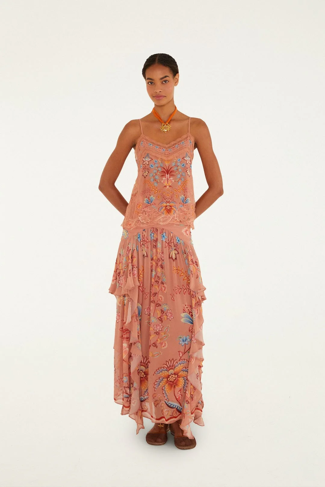 Mocha Boho Enhance Ruched Ruffled Maxi  Skirt - Image 5