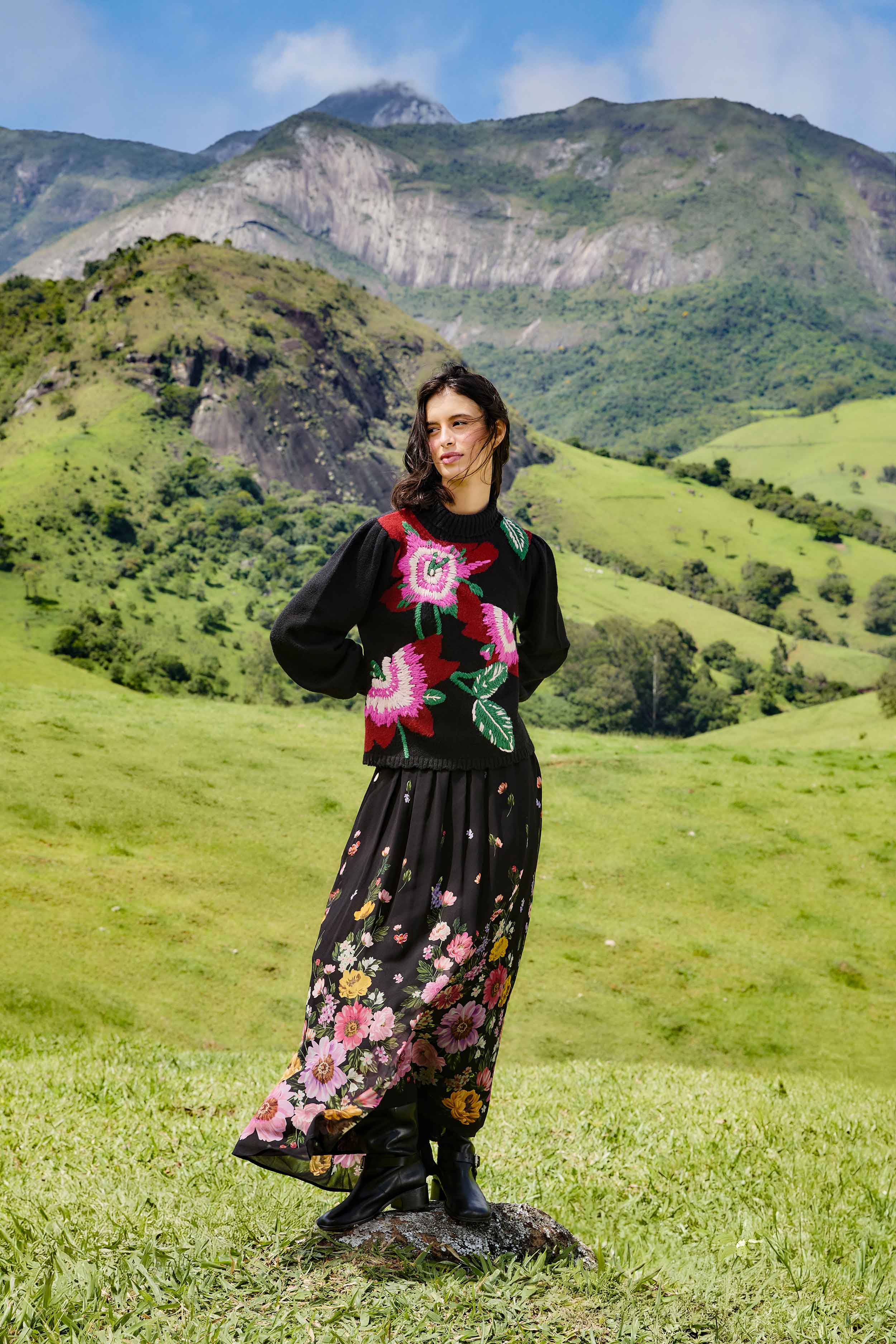 Black Bold Colorful Flower Embroidered Knit Sweater - Image 2