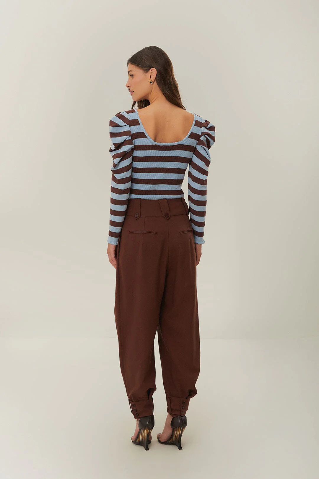 Brown High Waist Buttoned Cuff Pants - Image 5