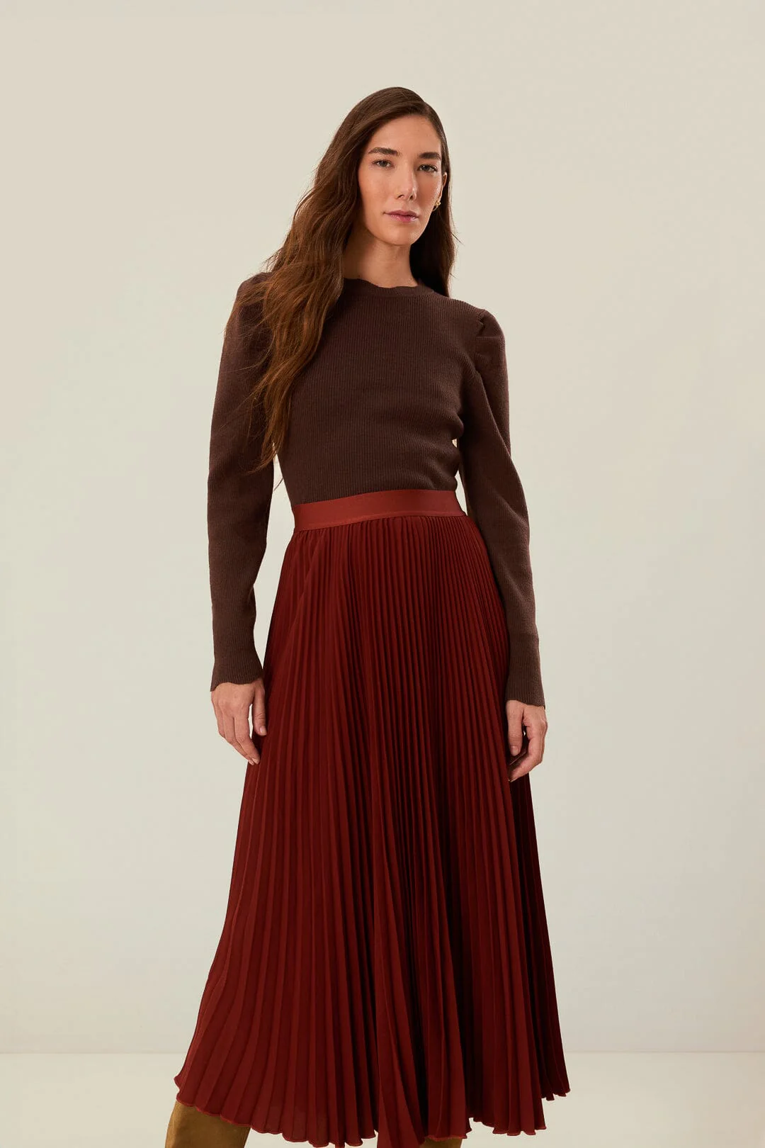 Brown Pleated Maxi Skirt - Image 2
