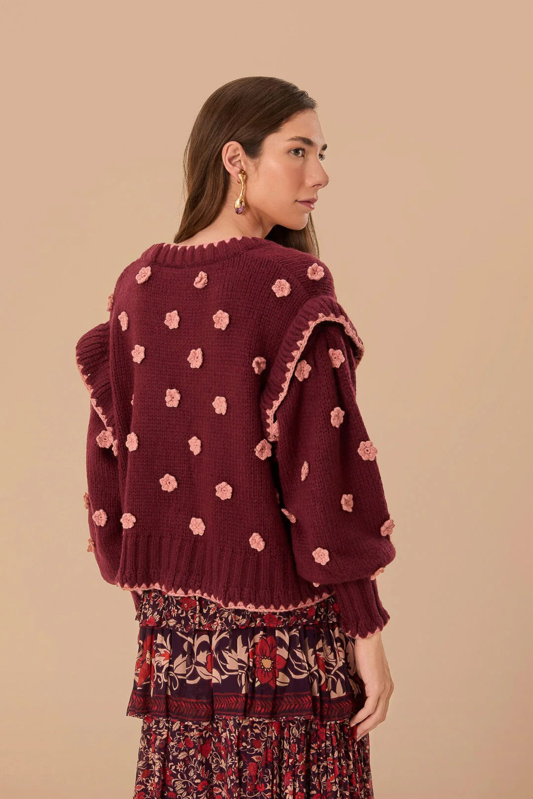 Burgundy Crochet Flowers Knit Cardigan - Image 3