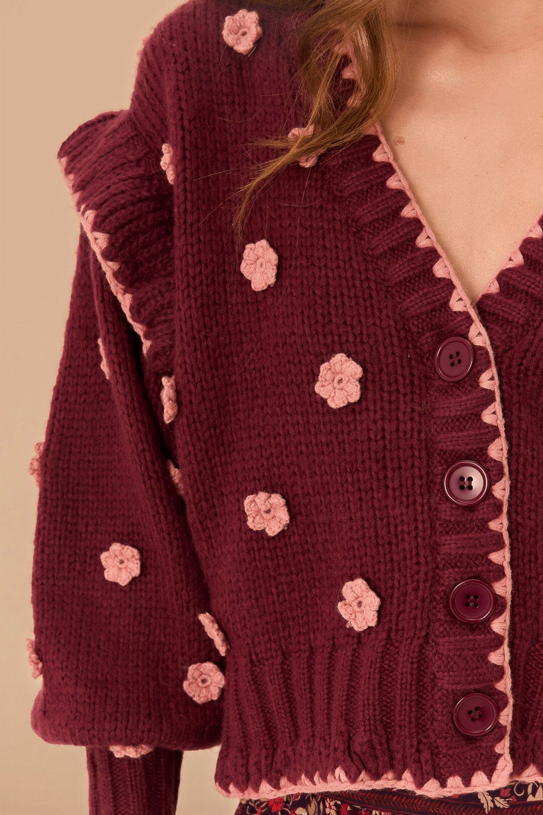 Burgundy Crochet Flowers Knit Cardigan - Image 4