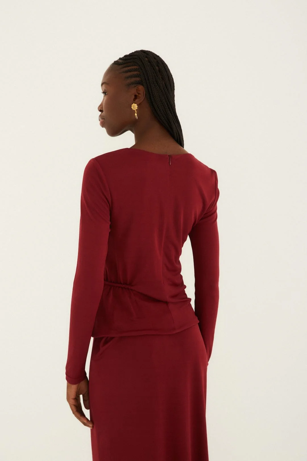 Burgundy 3d Flower Draped Long Sleeve Blouse - Image 3