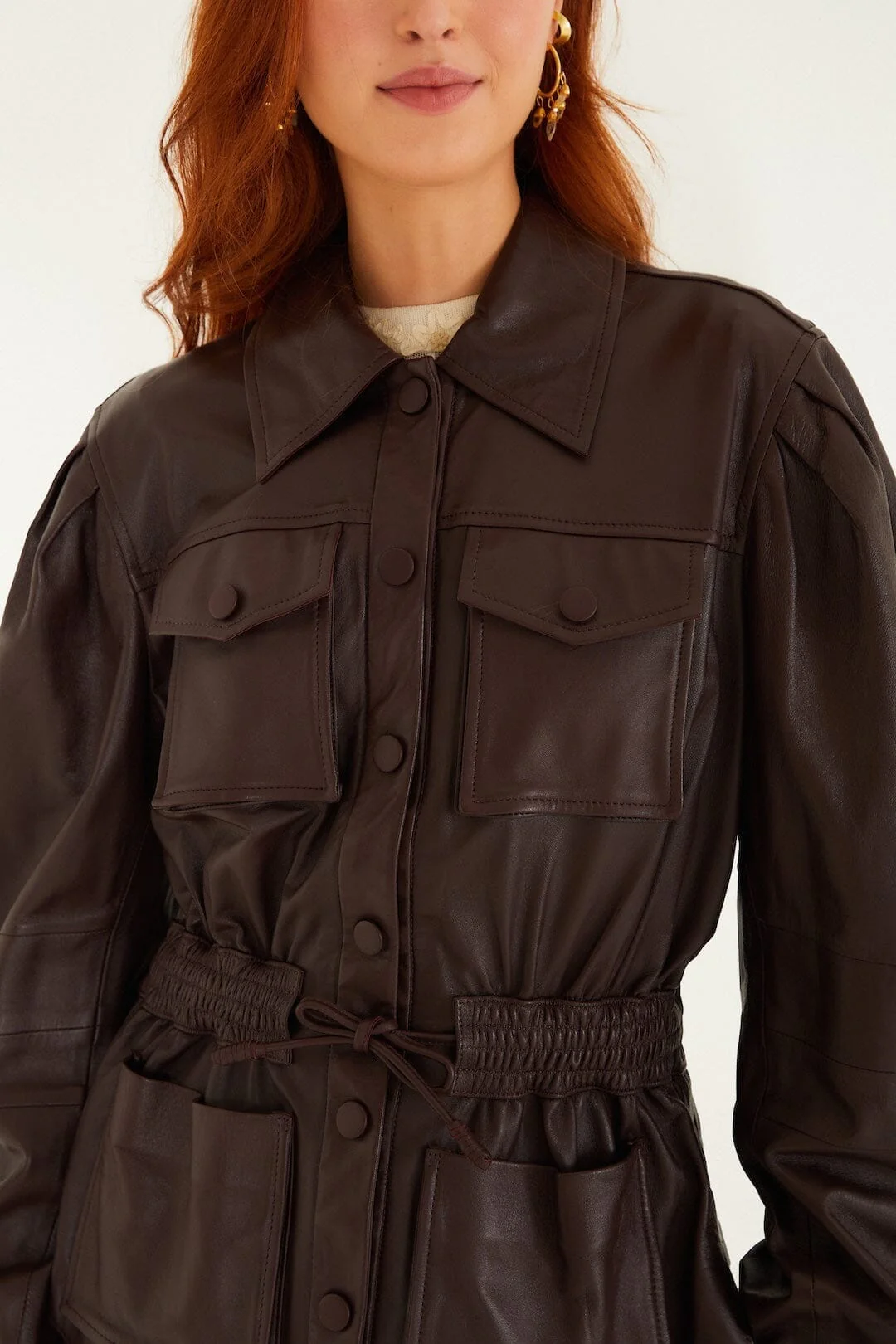 Burgundy Drawstring Pockets Leather Parka - Image 2