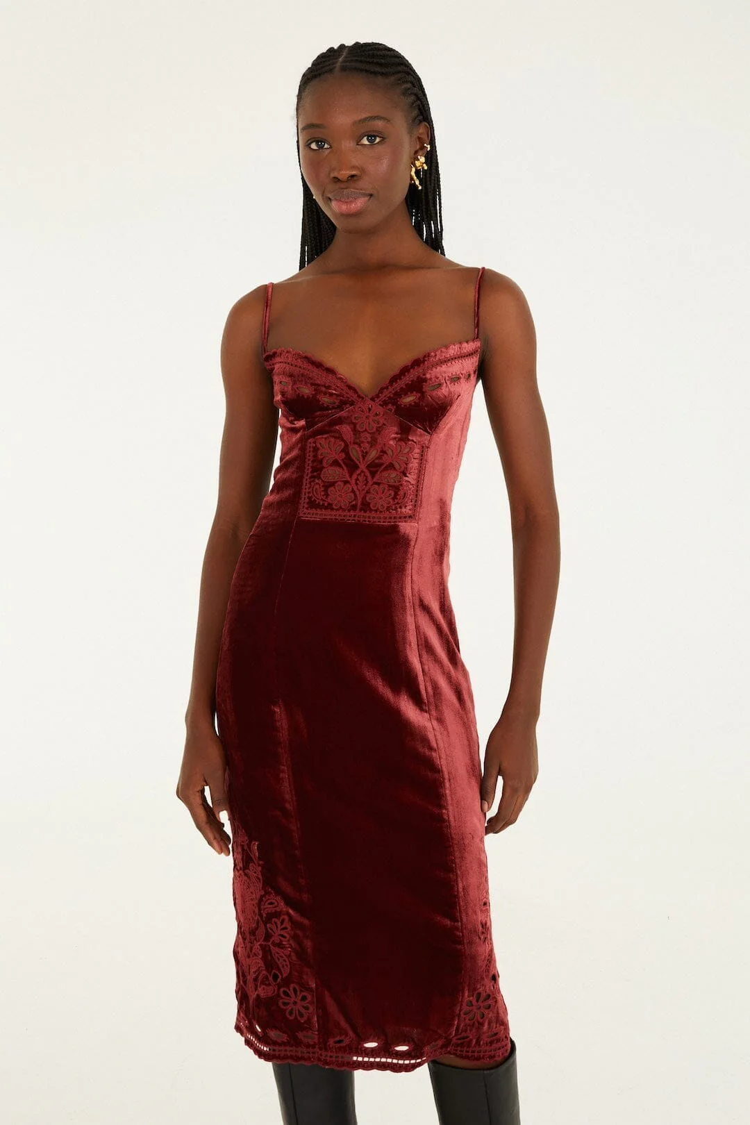 Burgundy Cut-Out Flowers Sleeveless Midi Dress - Image 3