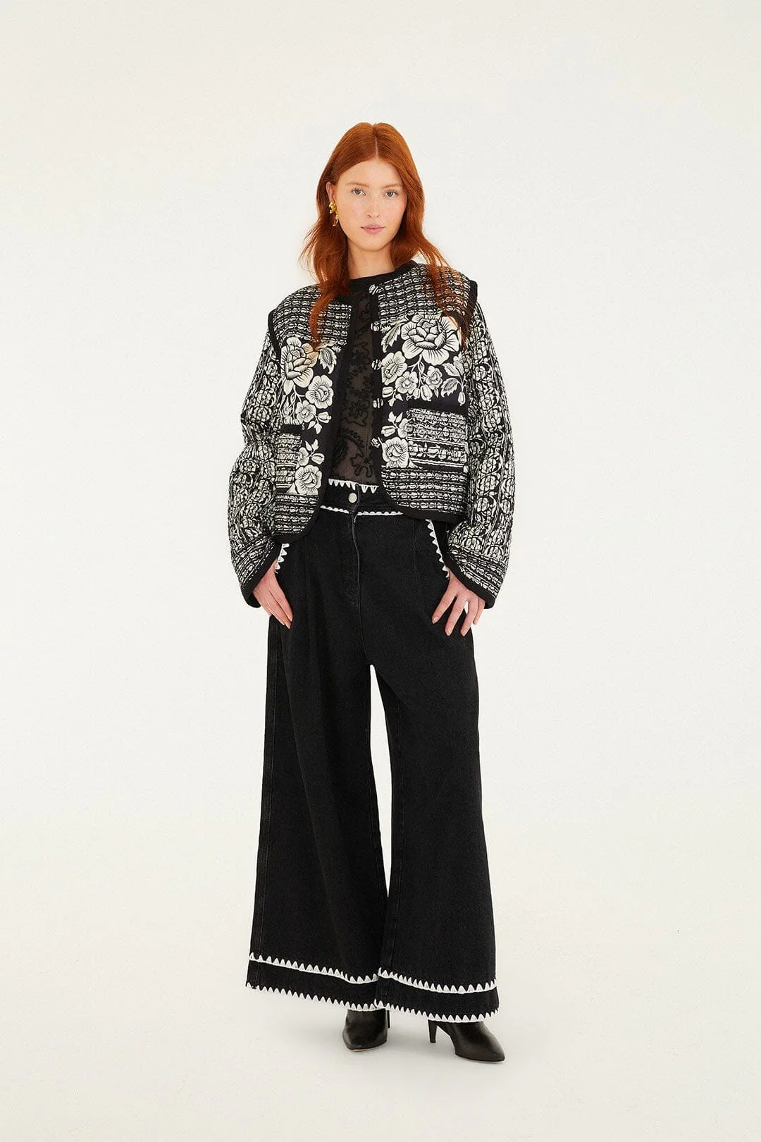Black Cashews And Birds Seam Padded Jacket - Image 4