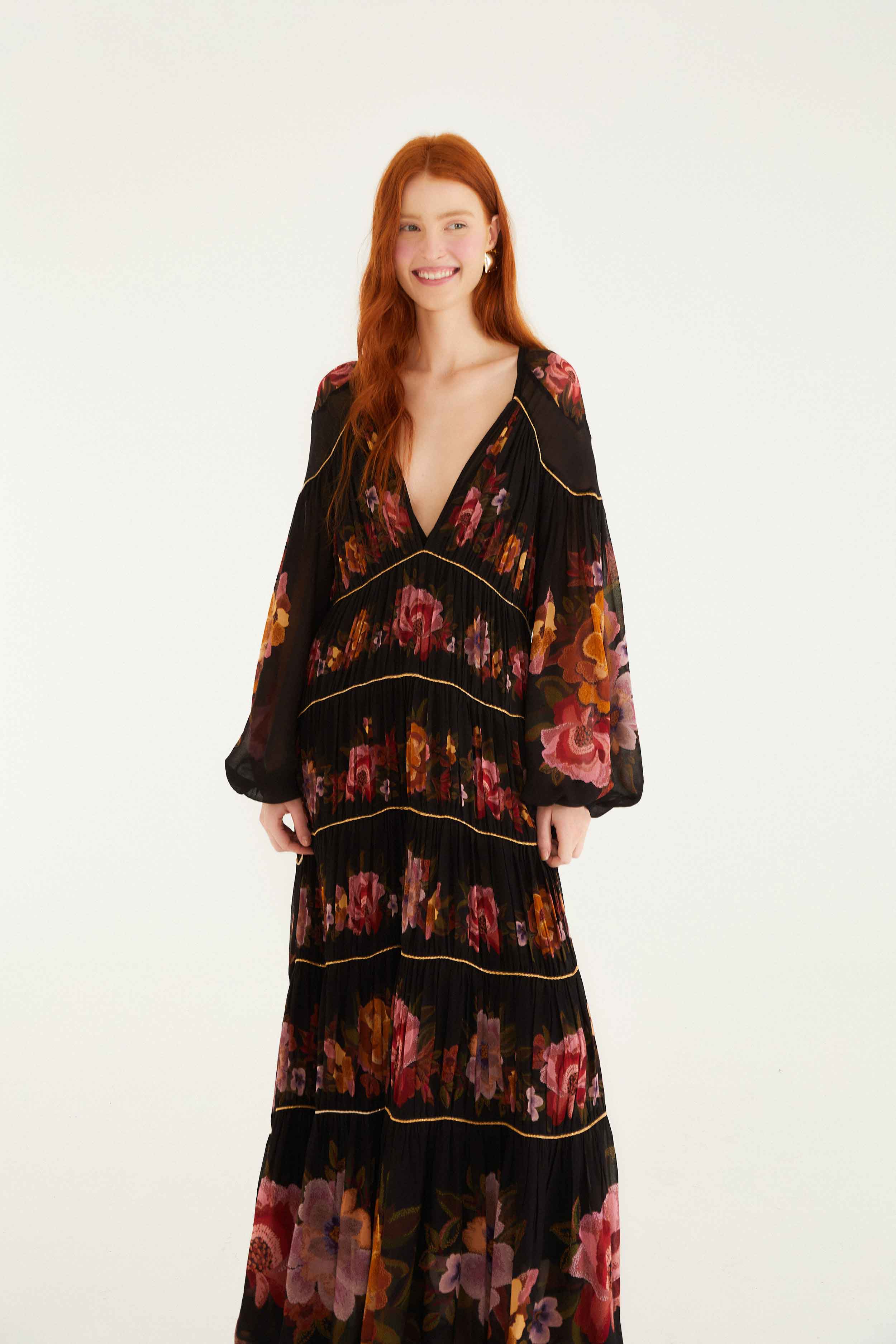 Black Chenille Flowers Long Sleeve Midi Dress - Image 3