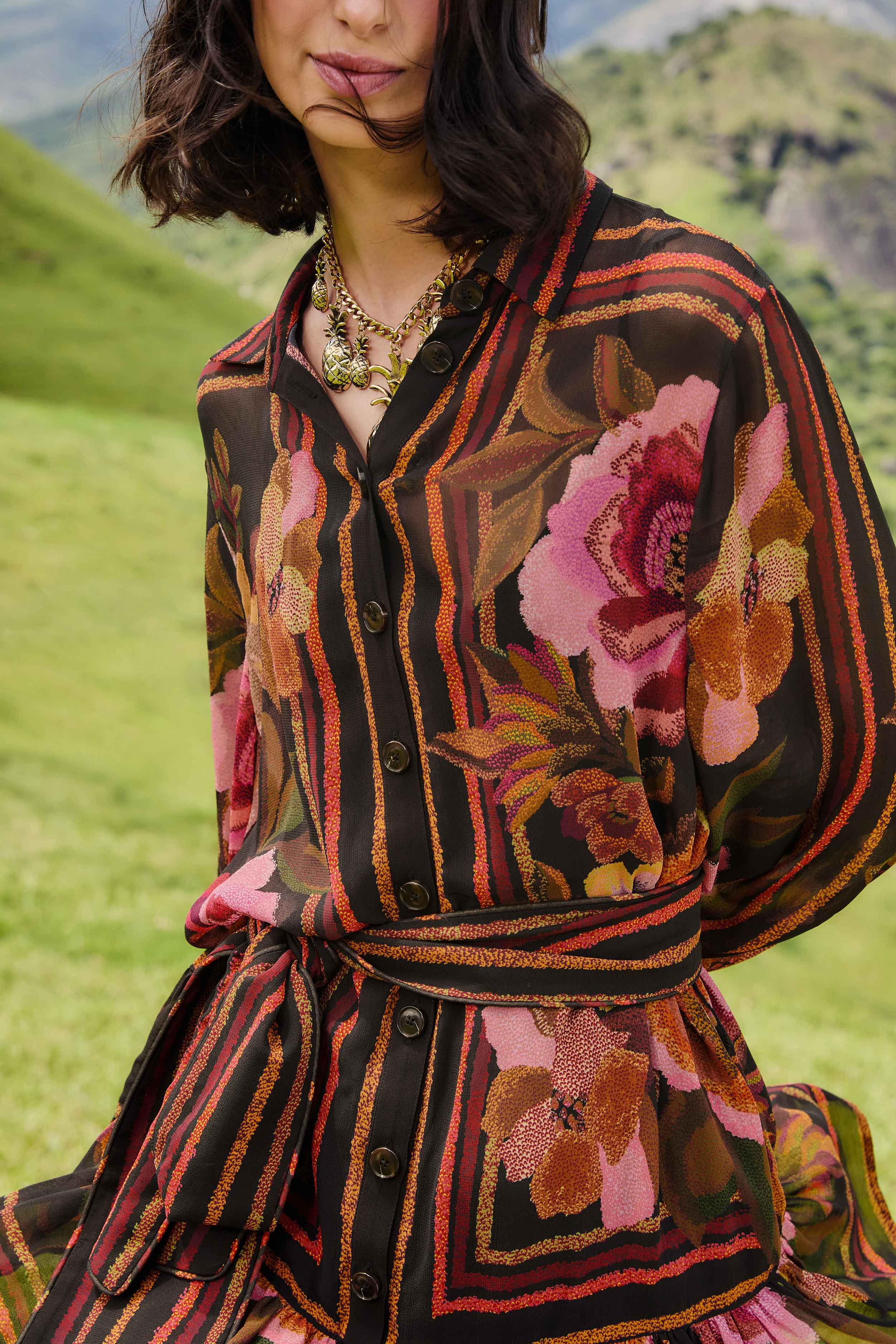 Black Chenille Flowers Belted Long Sleeve Mini Dress - Image 3