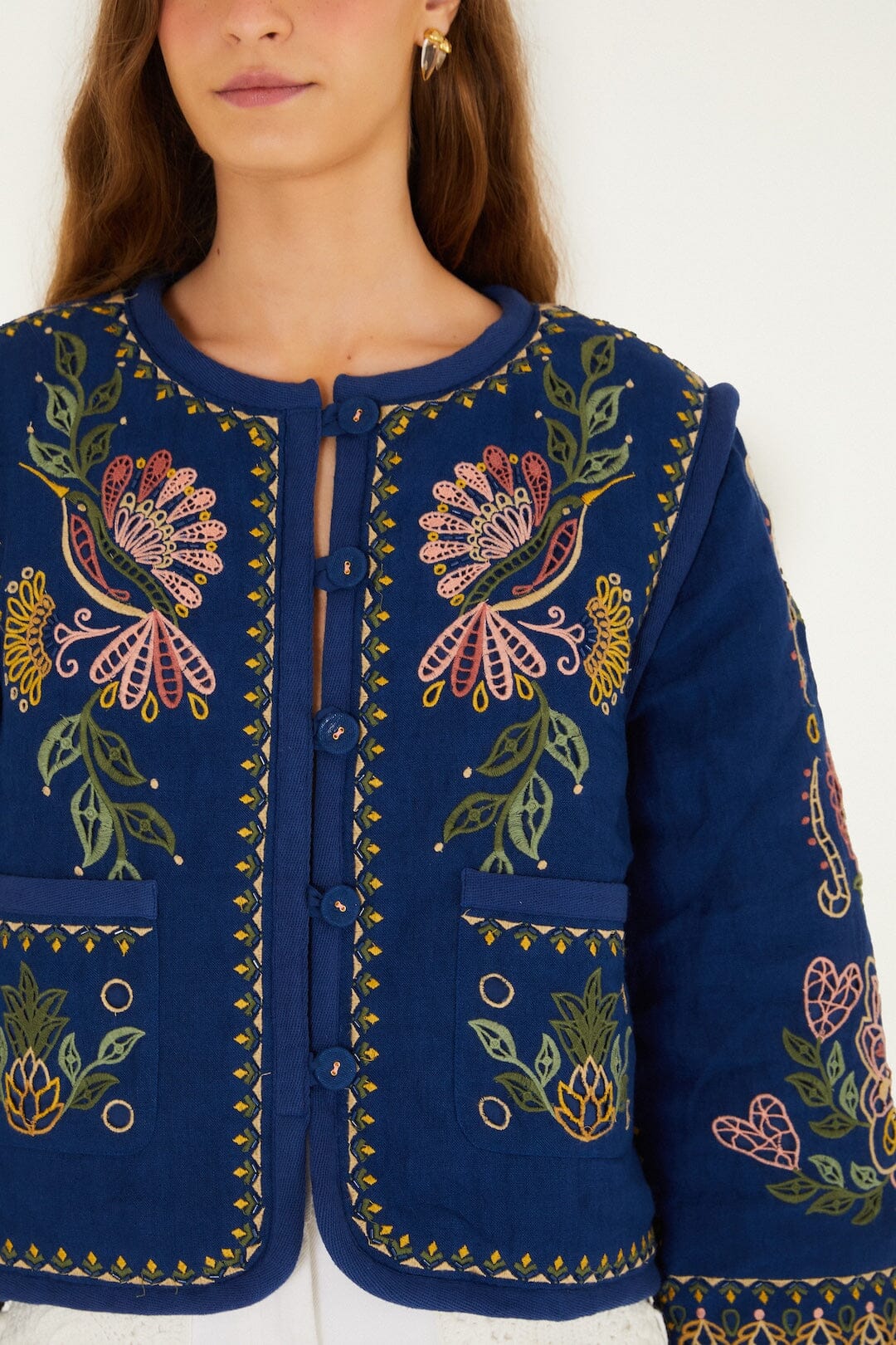 Dark Blue Embroidered Pockets Richelieu Jacket - Image 2