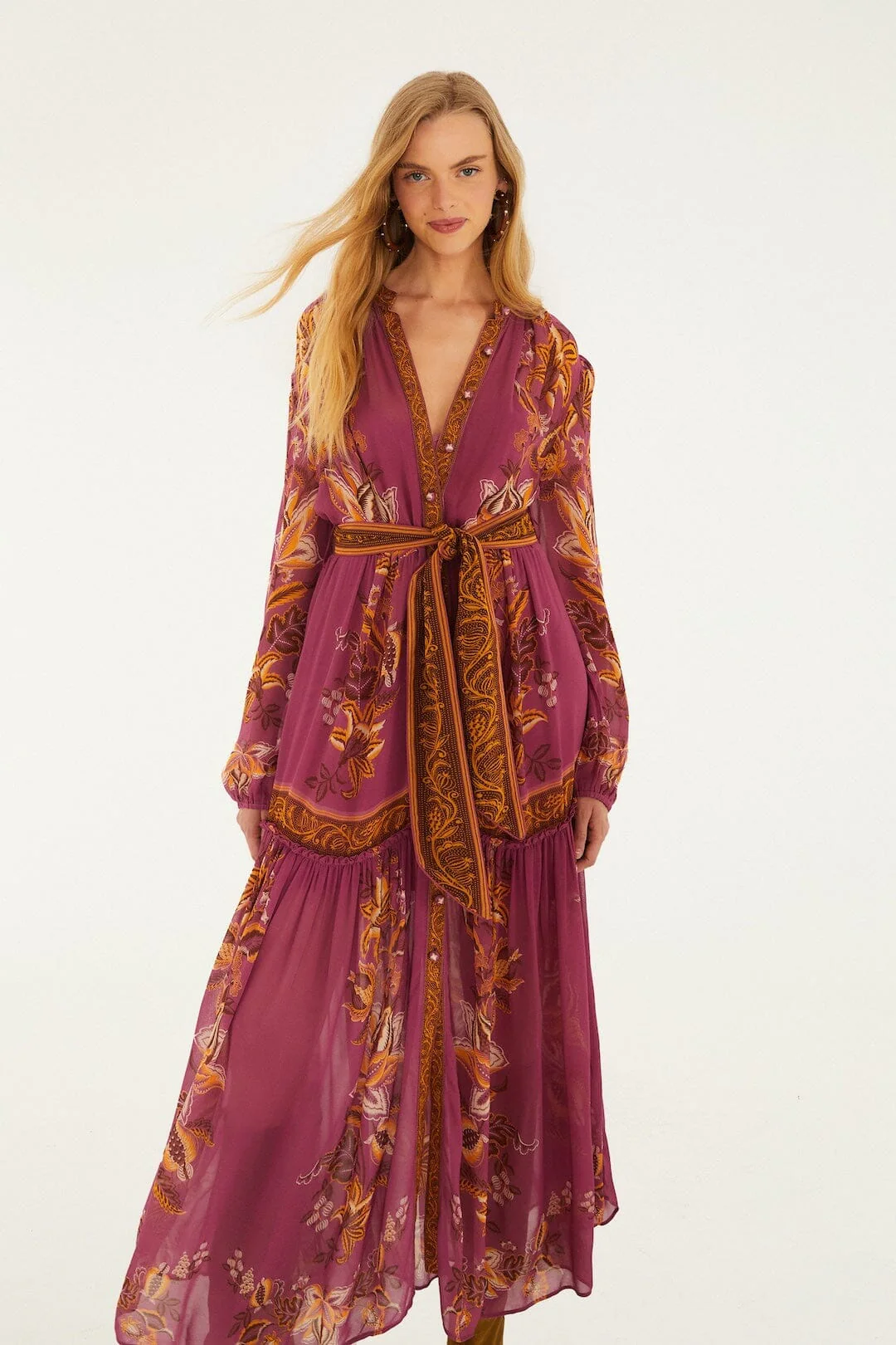 Pink Delicate Chintz Puff Sleeve Belted Maxi Dress - Image 4