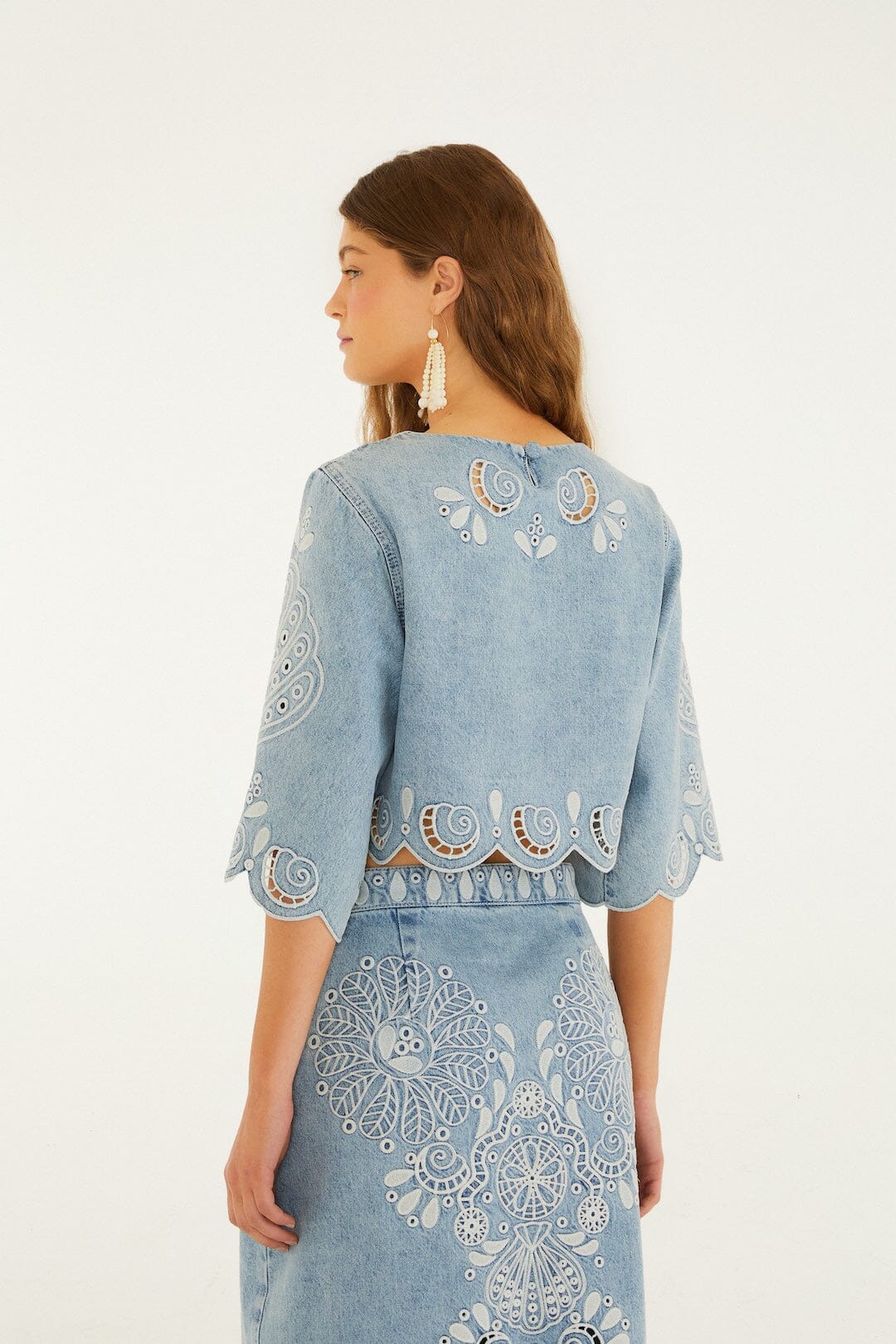 Denim Richelieu Kimono Sleeves Cropped Blouse - Image 3