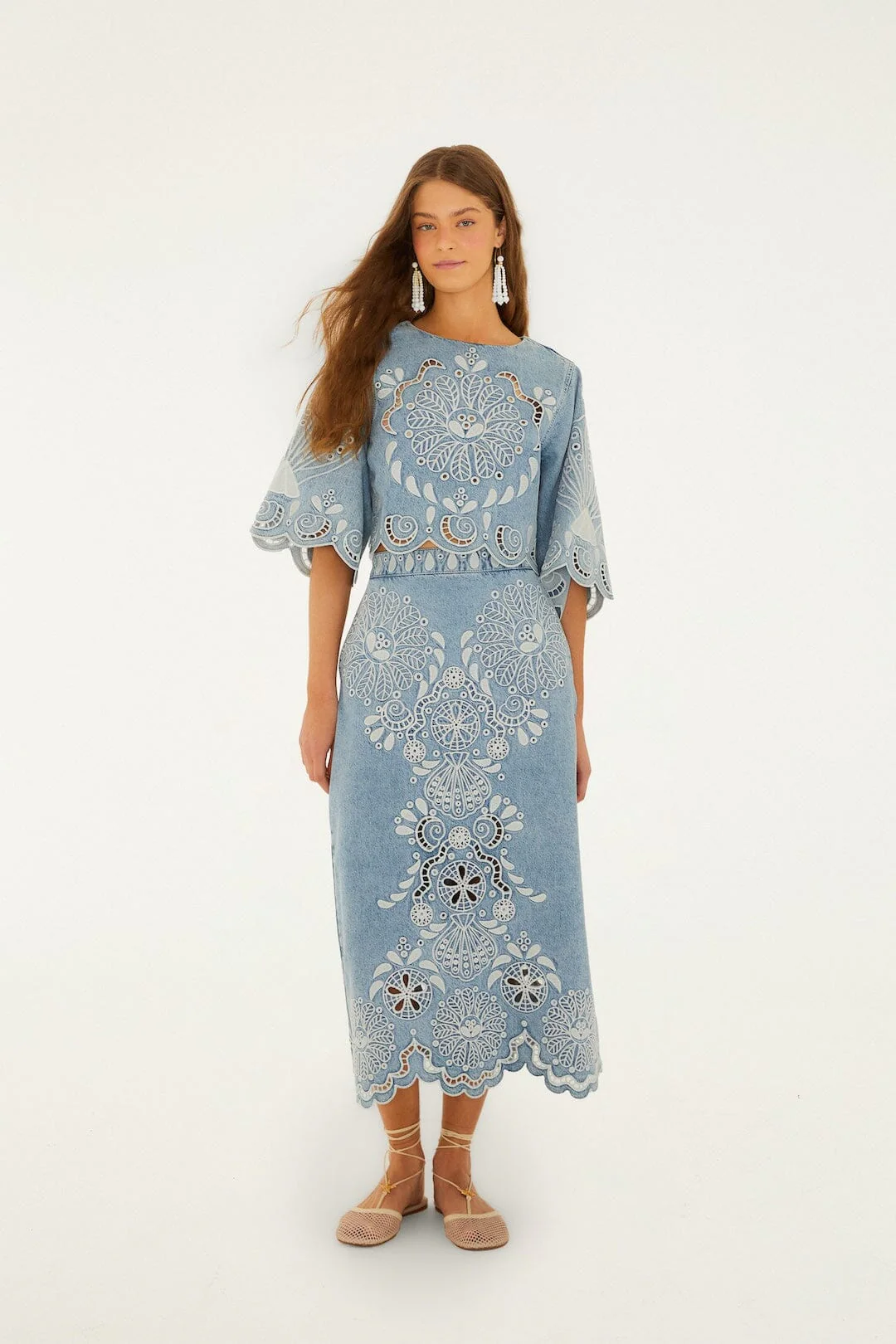 Denim Richelieu Kimono Sleeves Cropped Blouse - Image 4